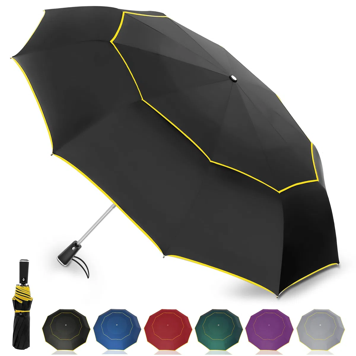Satol Paraguas Plegable Antiviento Automático Abierto Paraguas Resistente Paraguas de Golf y Mujeres 10 Varillas (Negro, 54 pulgadas)