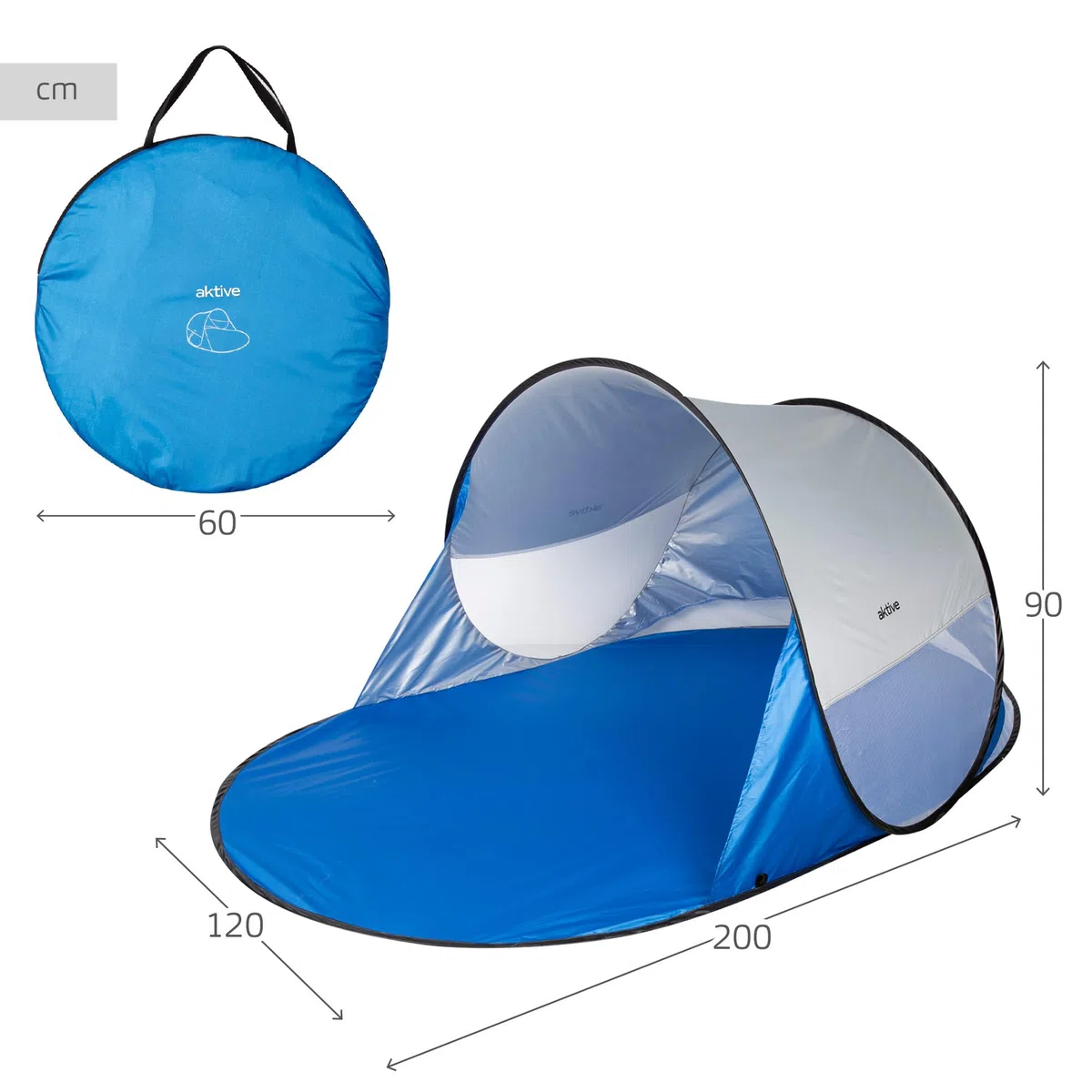 AKTIVE Tienda Playa, Pop up, 120x200x90 cm, 2 Personas, Protección UV50, Revestimiento Interior Plateado, Incluye piquetas, Columna Agua 300 mm, Bolsa de Transporte, Carpas Plegables (62322)
