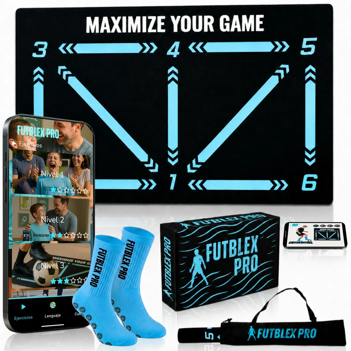 Alfombra Entrenamiento Futbol – Incluye App de Entrenamiento con Videos Interactivos y Rutinas Progresivas + Medias Antideslizantes, Bolsa de Transporte y Caja Premium para Regalo.