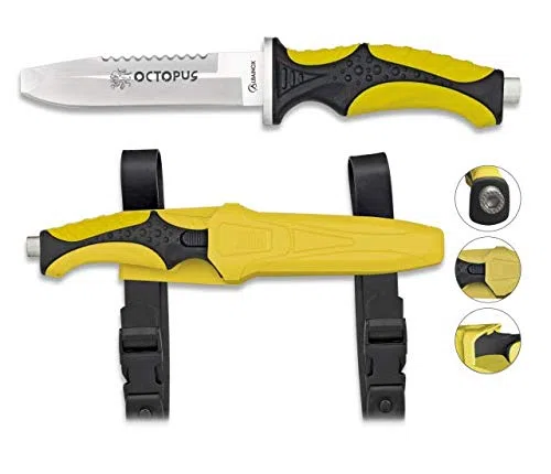 Cuchilleria Deportiva Albainox 32333. Cuchillo Submarinismo Octopus. Amarillo. Mango ABS y Goma. Herramienta para Caza, Pesca, Camping, Outdoor, Supervivencia y Bushcraft