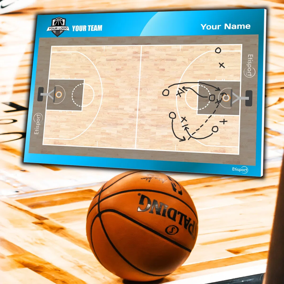 Pizarra táctica NBA Baloncesto para entrenador personalizada con nombre y escudo del club. Tablero de borrado en seco 30,5 x 20,5cm