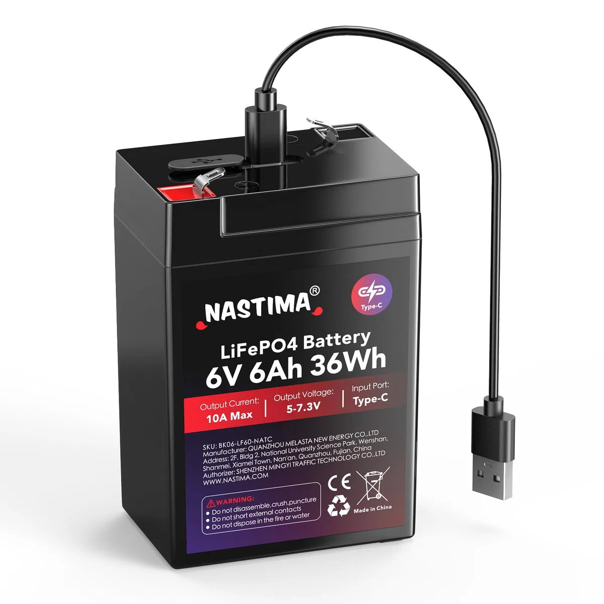 NASTIMA Batería Recargable 6V 6Ah 36Wh LiFePO4 con Protección BMS y Ciclo Profundo 2000, Carga Tipo C, Cámaras de Vigilancia, Coches de Juguete para Niños, Lanchas a Motor, Camping