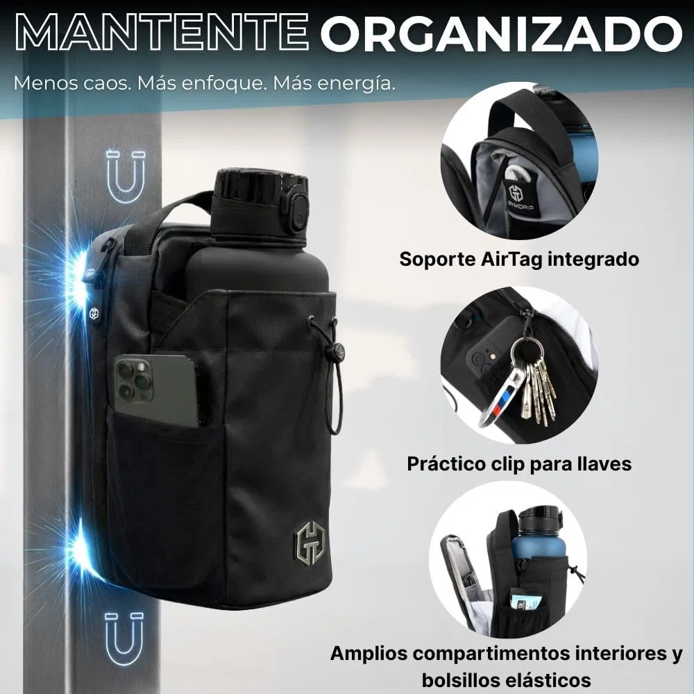 Bolsa de deporte magnética con soporte para botellas de 1,5 l, bolso deportivo compacto para entrenamiento y uso diario