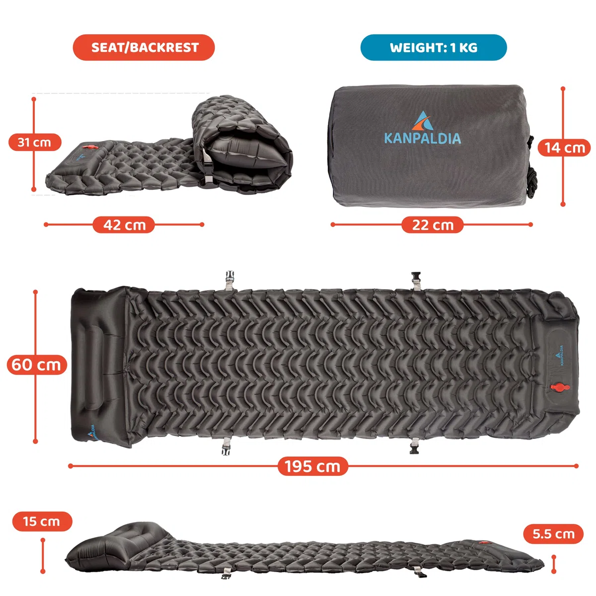 Esterilla Camping Convertible en Asiento - Colchoneta Autoinflable con Almohada - Colchoneta para Dormir