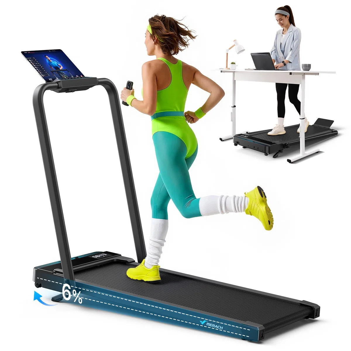 MERACH Cinta de Correr con Inclinación de 6%, 3.0HP Cinta de Andar, 1-12km/h Walking Pad con Manillar, Caminadora Electrica para Casa,Capacidad de 136kg Treadmill, Control Remoto,App