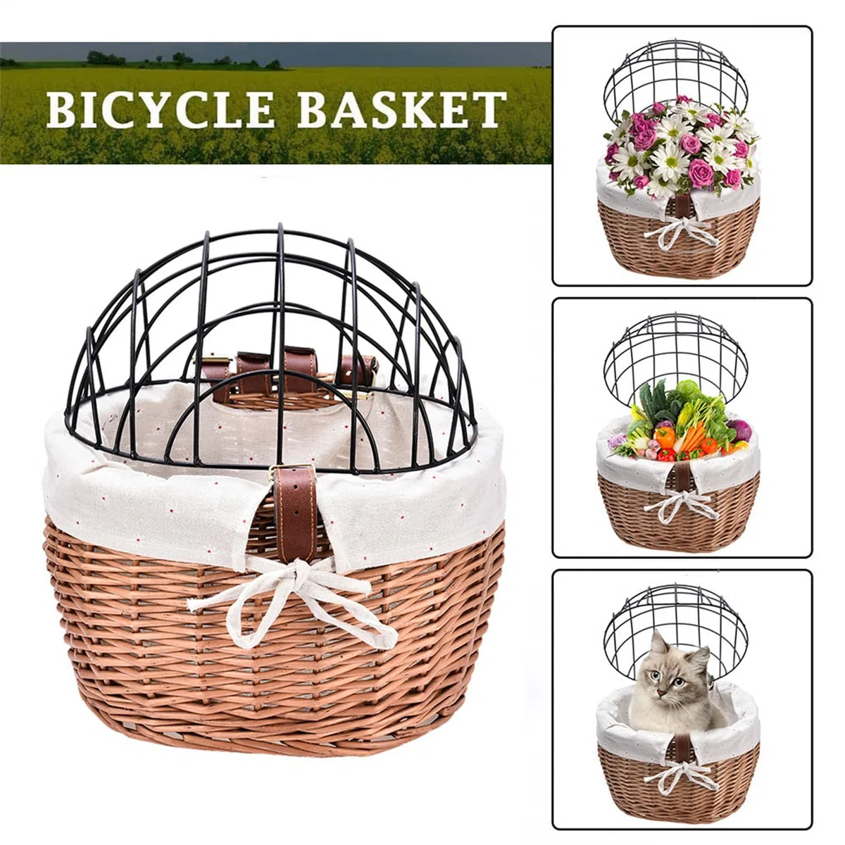 Cesta de Gato para Bicicleta - Transportín para Mascotas de Mimbre con Jaula de Alambre para Bicicleta | Portador de Perro de Multiusos Desmontable, Asiento de Perro de Cesta Tejida delanter