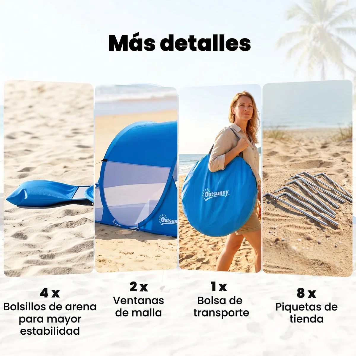 Outsunny Tienda de Playa Plegable Pop-up Carpa de Playa Automático para 1-2 Personas con 1 Puerta 2 Ventanas y Bolsa de Transporte para Parque Camping 200x120x90 cm Azul
