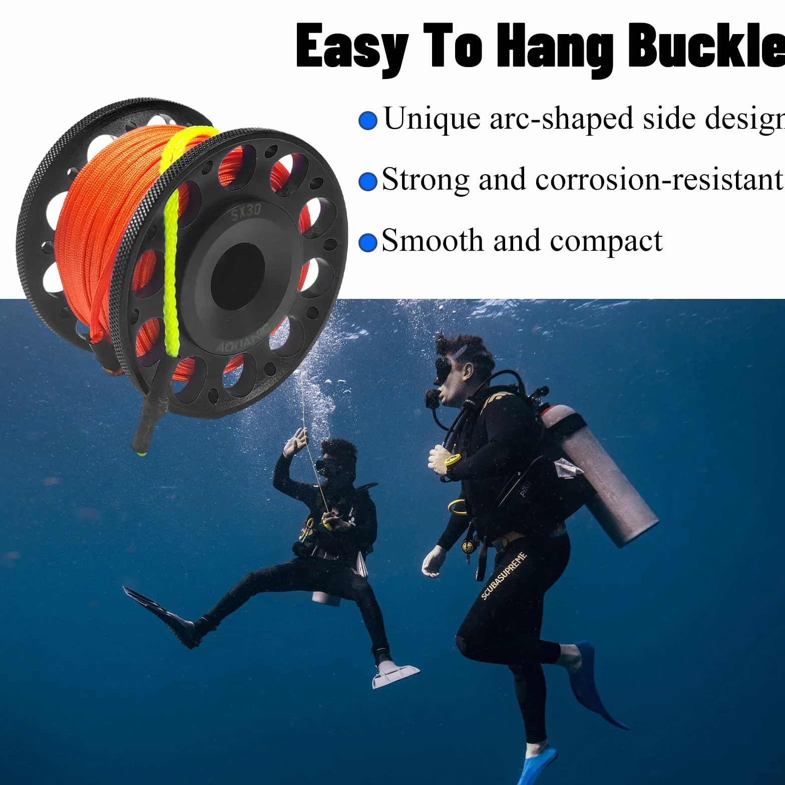 Carrete de buceo de 99 pies, carrete de dedo con perno de doble extremo, clip de presión de aluminio, carrete de carrete de dedo para esnórquel, buceo, pesca, color negro