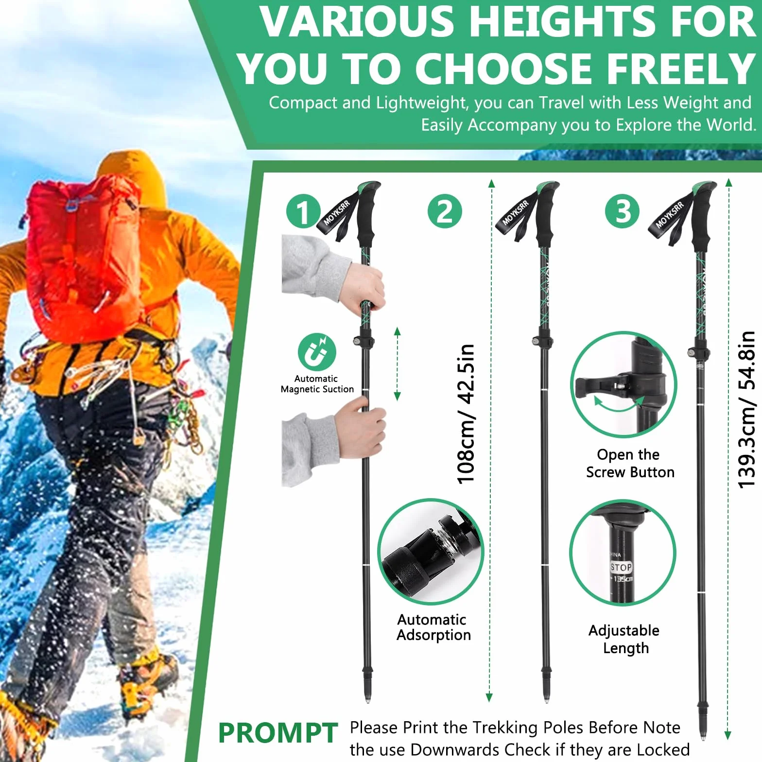 MOYKSRR Bastones de Senderismo Bastones Trekking Plegables, 2pcs Bastones Marcha Nordica Plegables, Ajustar la Longitud 108-135CM, Bastones Trekking Carbono e Alluminio,Caminar, Montaña, Trail Viaje