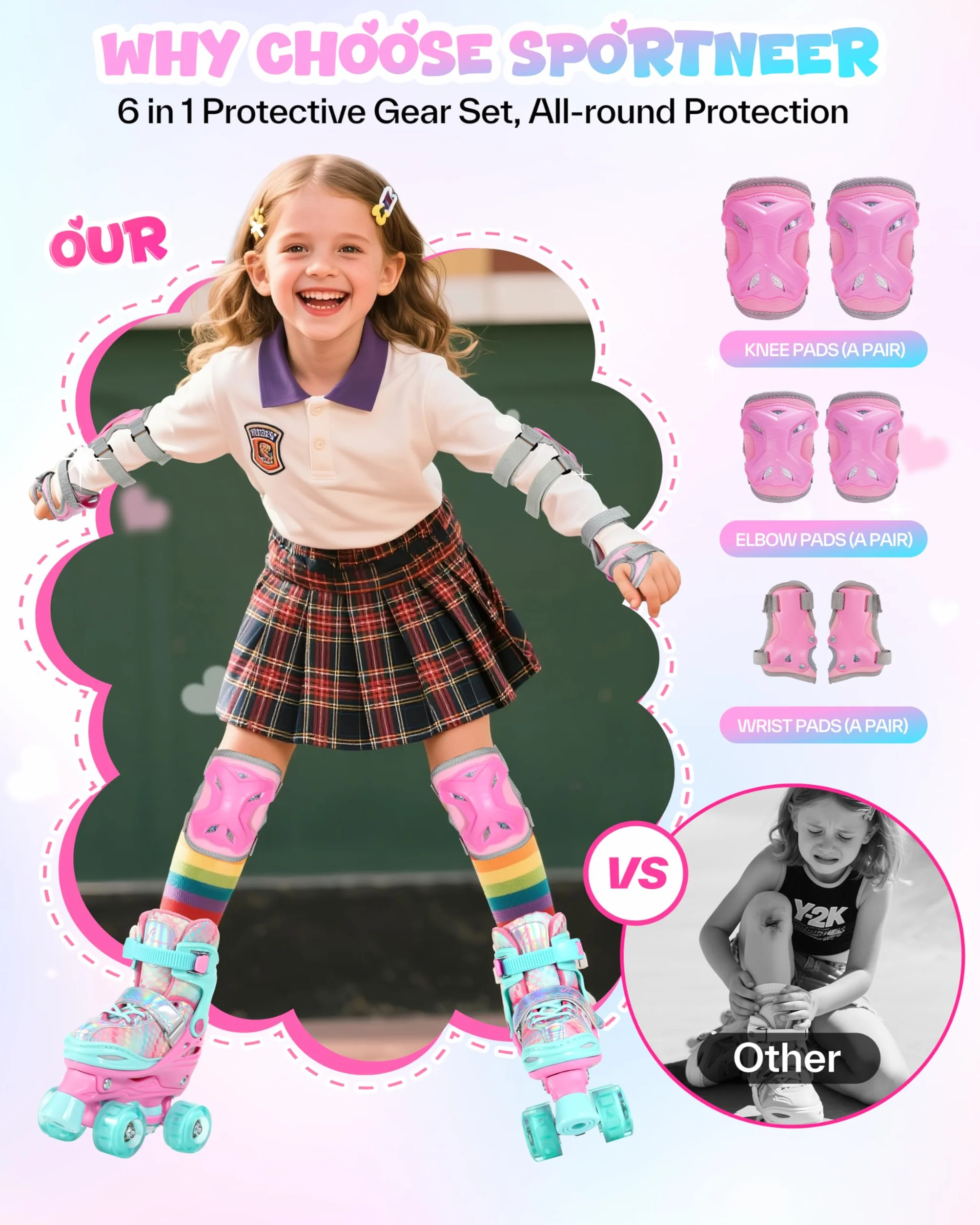 Sportneer Patines de Ruedas para niños, con Equipo de protección, Patines Ajustables con 8 Ruedas Luminosas, para niñas, niños, Adolescentes, Principiantes, Interiores y Exteriores