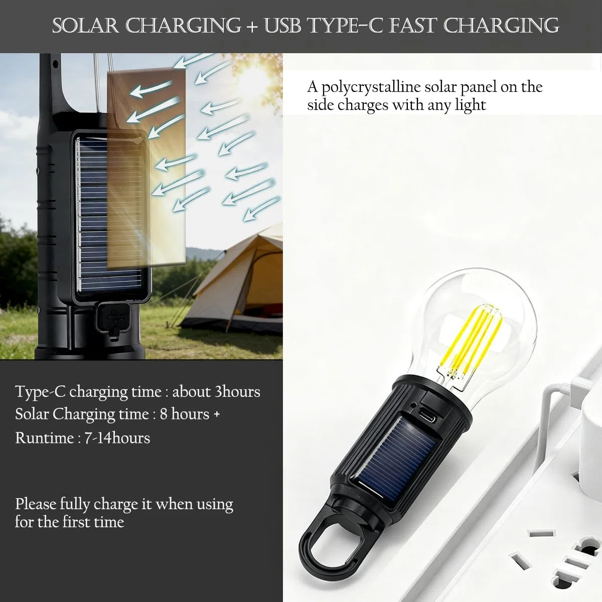 Luces solares y linternas de camping con sensor de luz para colgar con gancho al aire libre, bombilla recargable por USB, llavero portátil, 4 modos de iluminación para decoraciones de Navidad