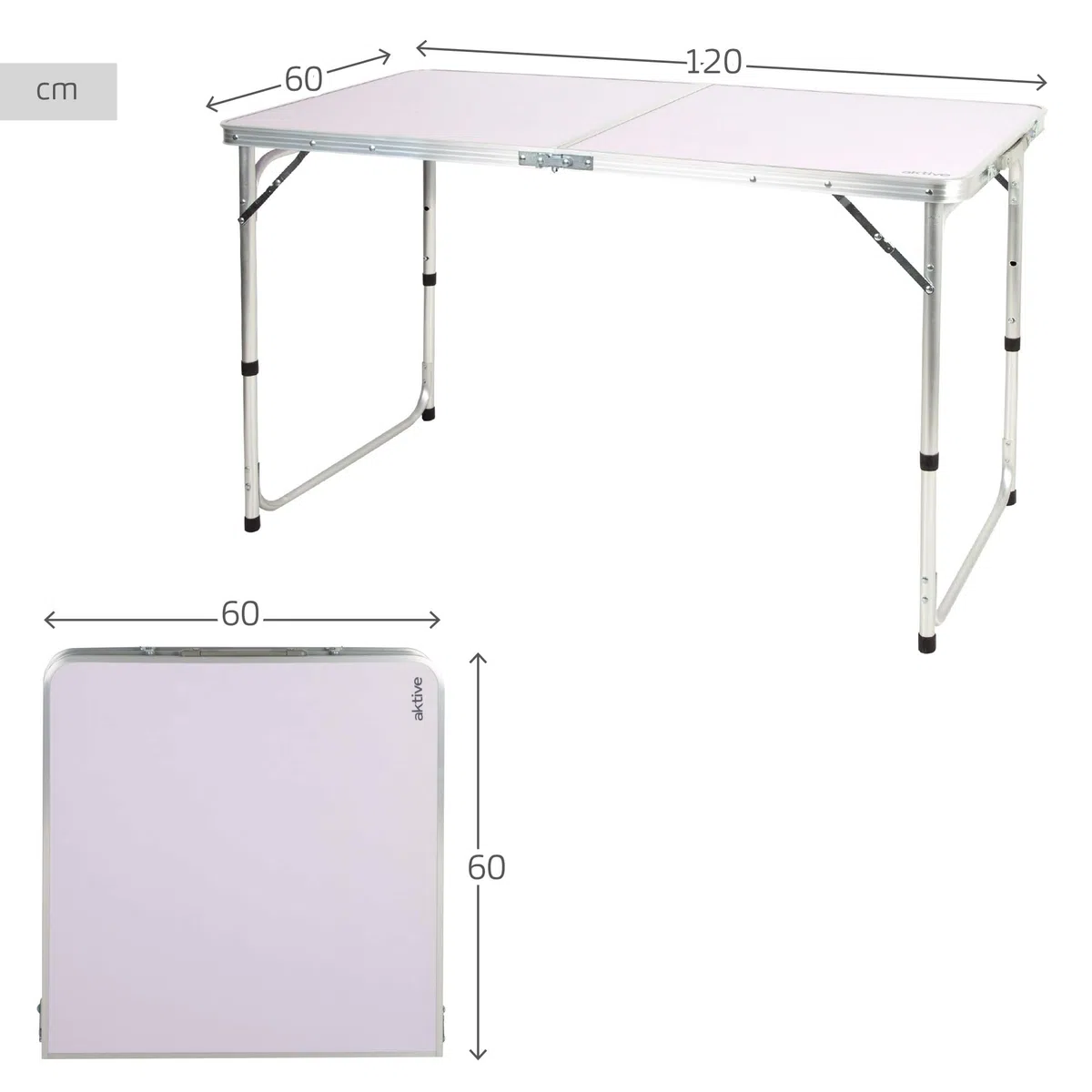 AKTIVE Mesa plegable, 120x60x60/70 cm, Altura ajustable, Topes antideslizantes, Soporta 30 kg, Cierre seguridad, Asa mano transporte, Mesas de camping, Playa, Jardín (63088)