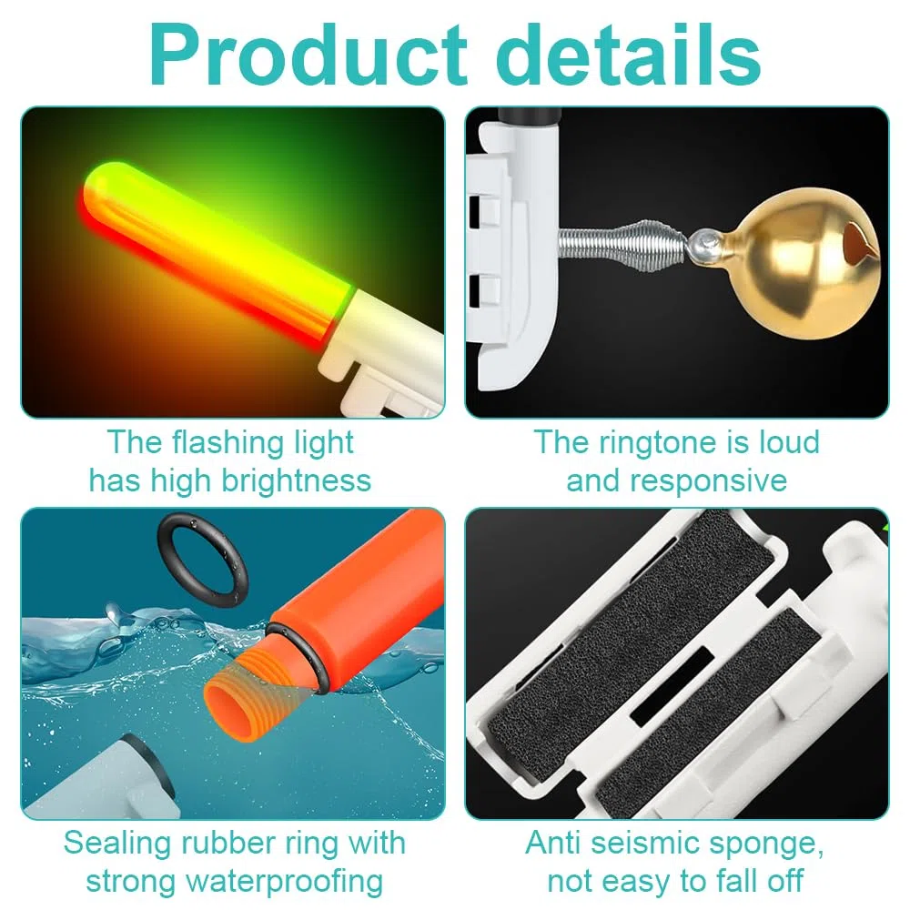 Luces de pesca con 4 luces LED para pescar, con hebilla, alarma de pesca, con cargador y batería para pesca nocturna, al aire libre
