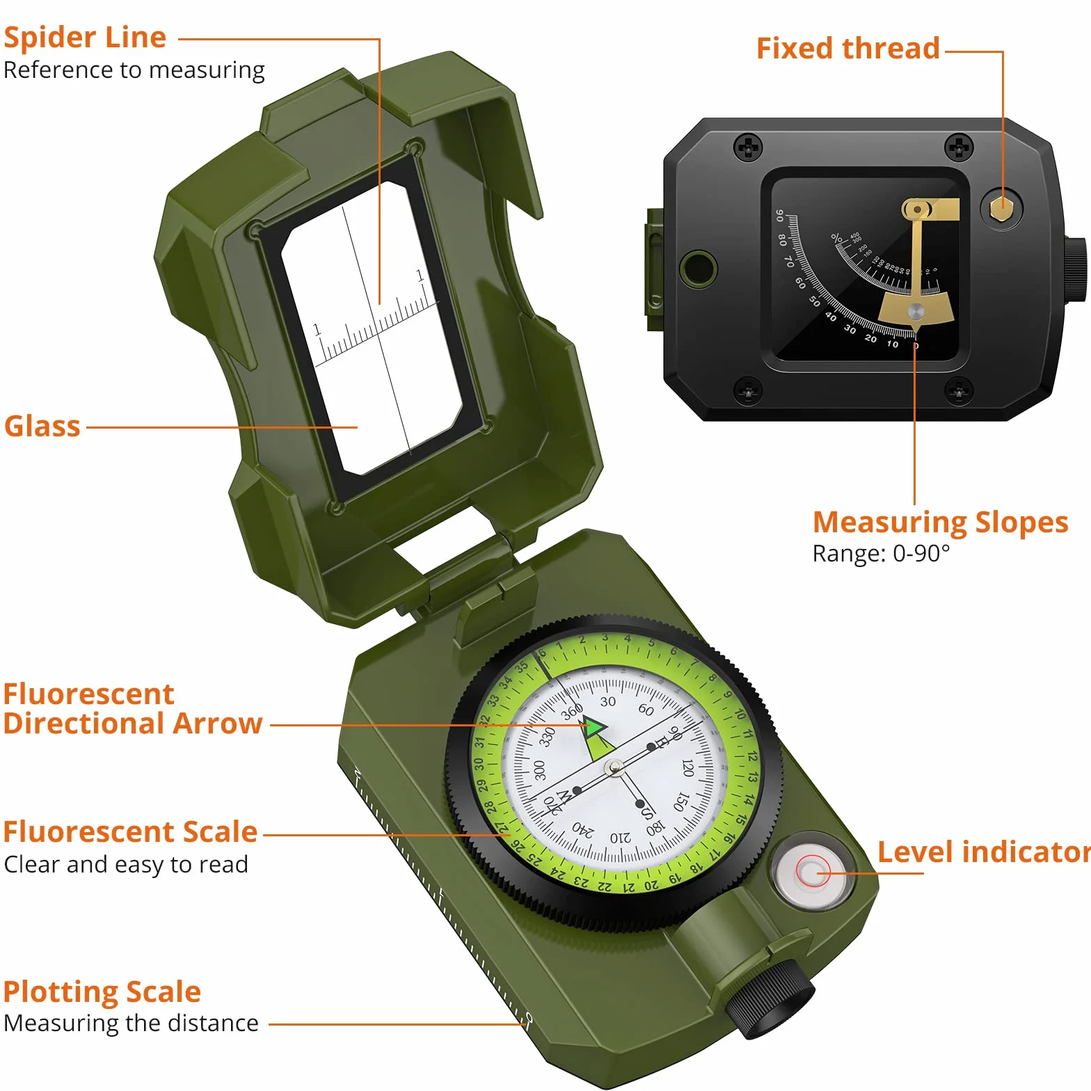 Proster Brújula para senderismo con clinómetro de avistamiento IP54 impermeable brújula de navegación de aleación de aluminio brújula de camping con bolsa de transporte para camping, caza, senderismo,