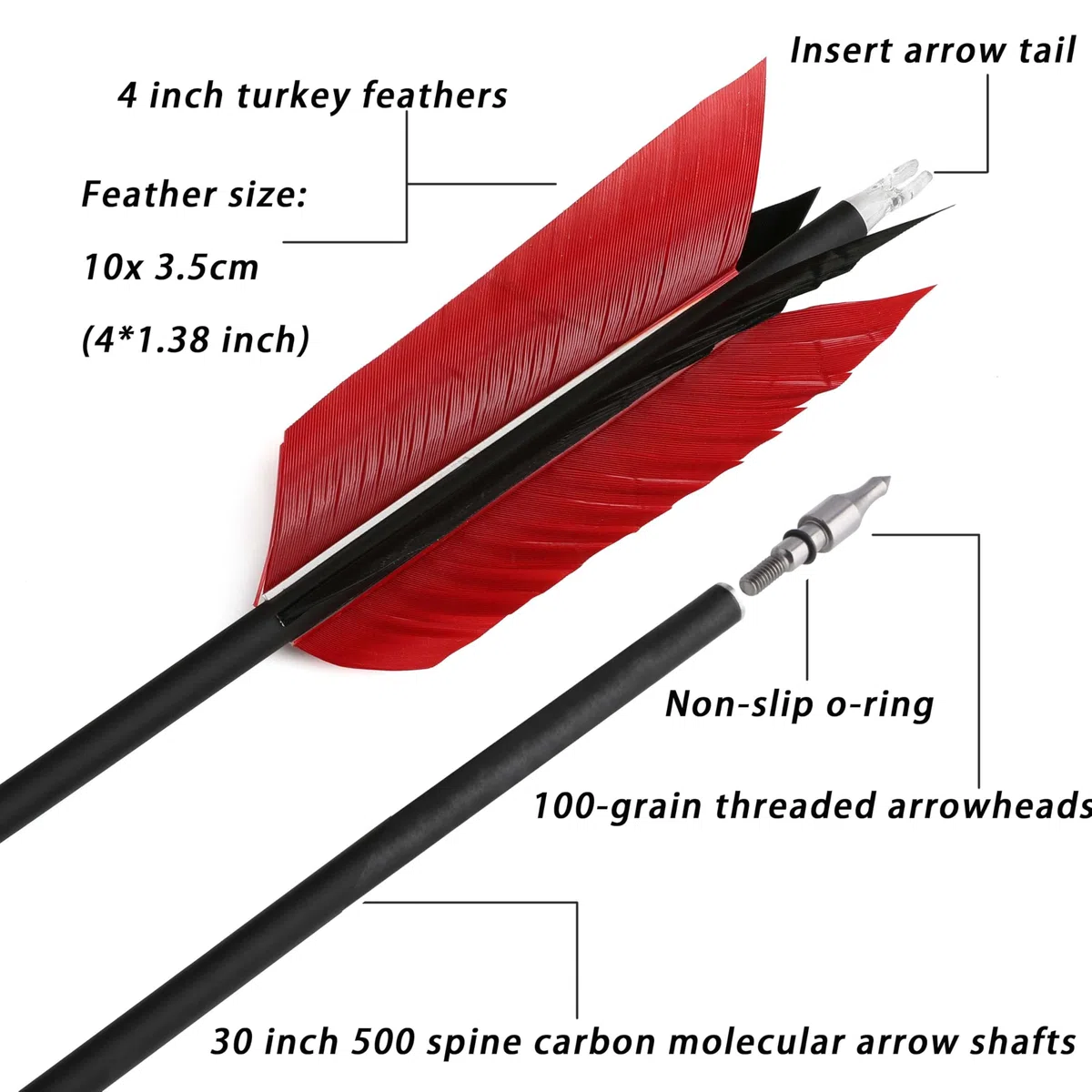 Flecha de Carbono de 30 Pulgadas Flu-Flu Flecha con 4pcs Plumas de Pavo Fletching 500 Spine Flecha de Tiro para Arco Compuesto Arco Recurvo 6/12pcs