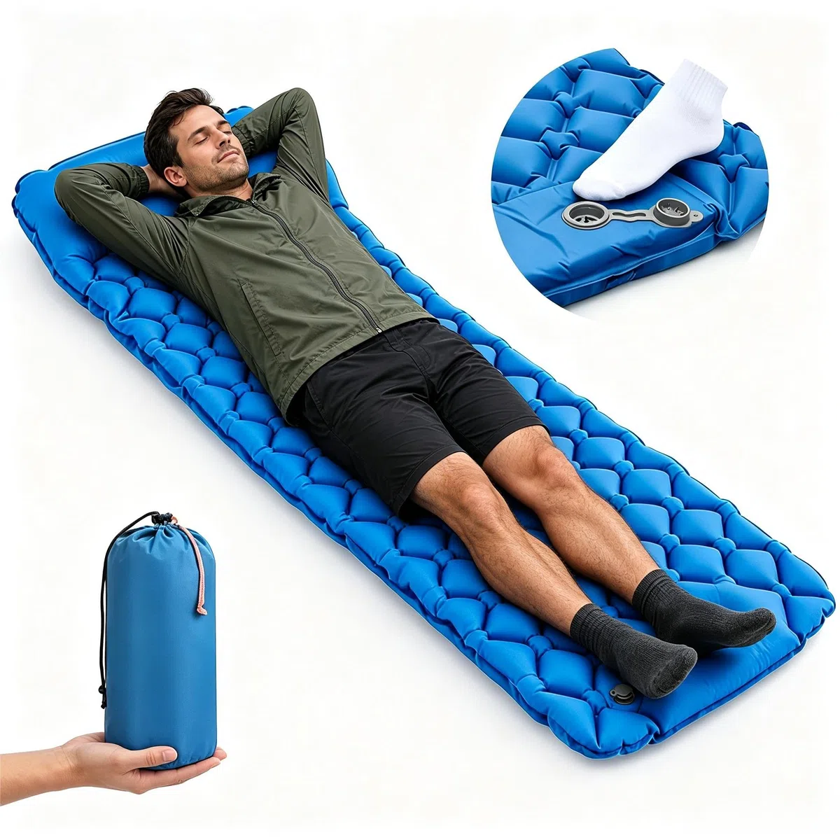 Esterilla Camping Inflable, Ultraligero Colchoneta Camping con Bomba de Pie, Compacta y Portátil para Mochila, Senderismo y Actividades al Aire Libre