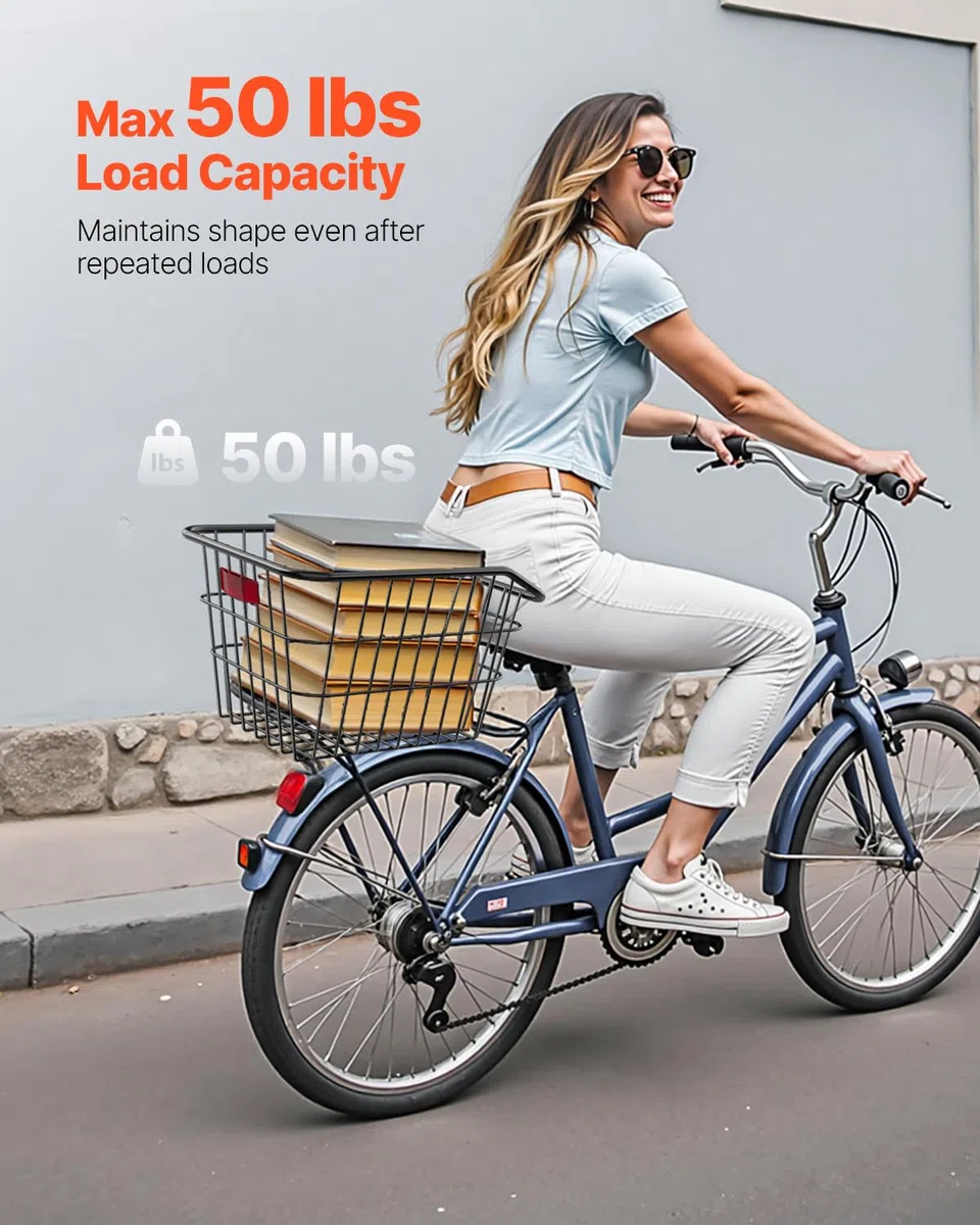 VEVOR Cesta Trasera para Bicicleta Cesta de Alambre de Metal para Bicicleta con Luz Trasera Reflectante y Cubierta Impermeable Cesta Trasera para la Mayoría de los Portabicicletas Traseros