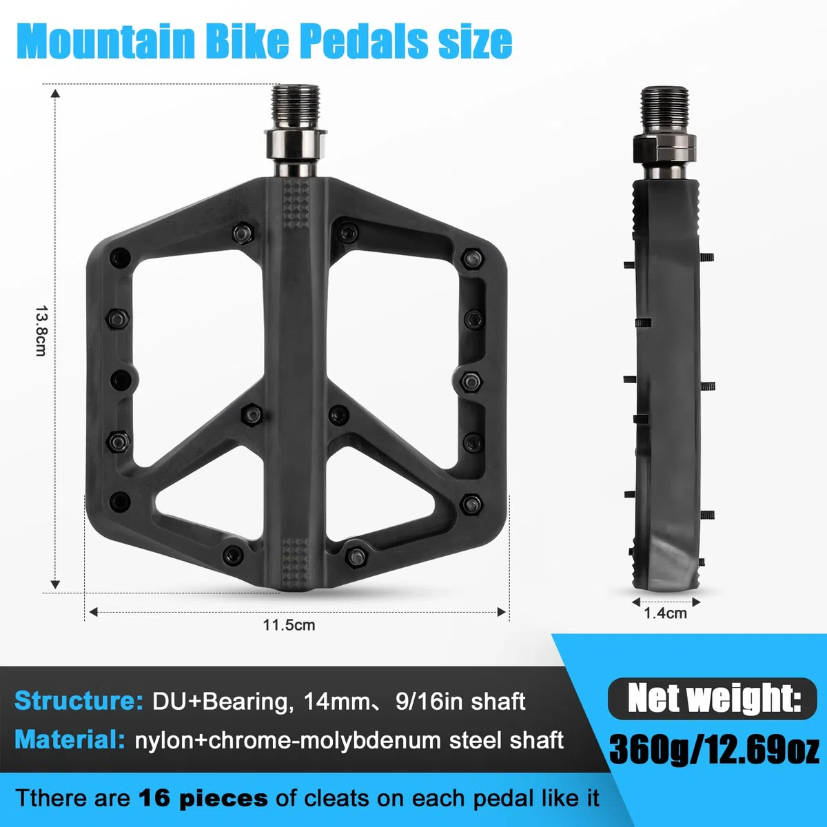 SYACHI Pedales Bicicleta de Aleación de Aluminio, Pedales Bicicleta de 3 Rodamientos, Pedale Planos Mecanizados CNC de 9/16” con Clavos Antideslizantes Extraíbles, Ligeros y Duraderos