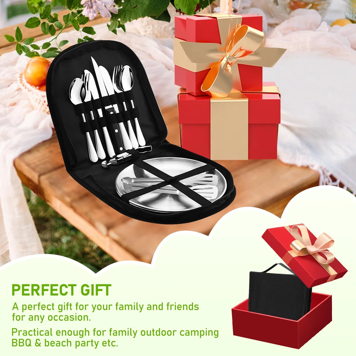 Conjunto de Cubiertos de Camping de 14 Piezas, Acero Inoxidable Juego de Cubiertos de Viaje Portátil, Camping Accesorios Portátiles para Picnic, Viaje, Camping, 2 Personas