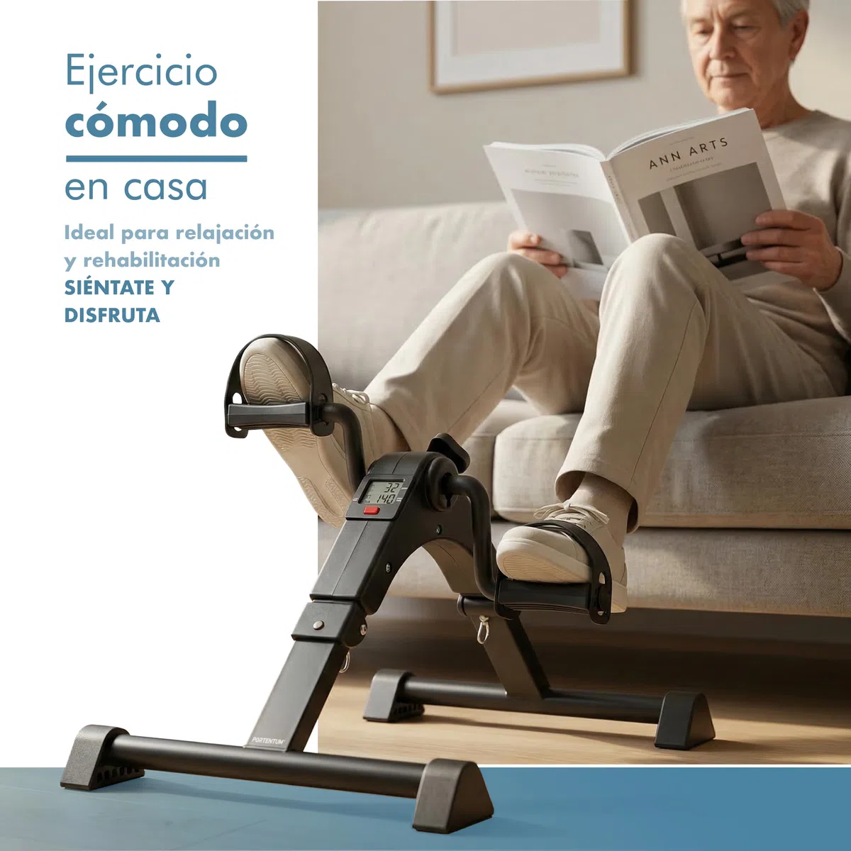 PORTENTUM Pedales estaticos Personas Mayores con Base Mejorada y Esterilla Antideslizante – Plegable con Pantalla LCD – Pedaleador Brazos y piernas con Resistencia Ajustable para Ejercicio en casa