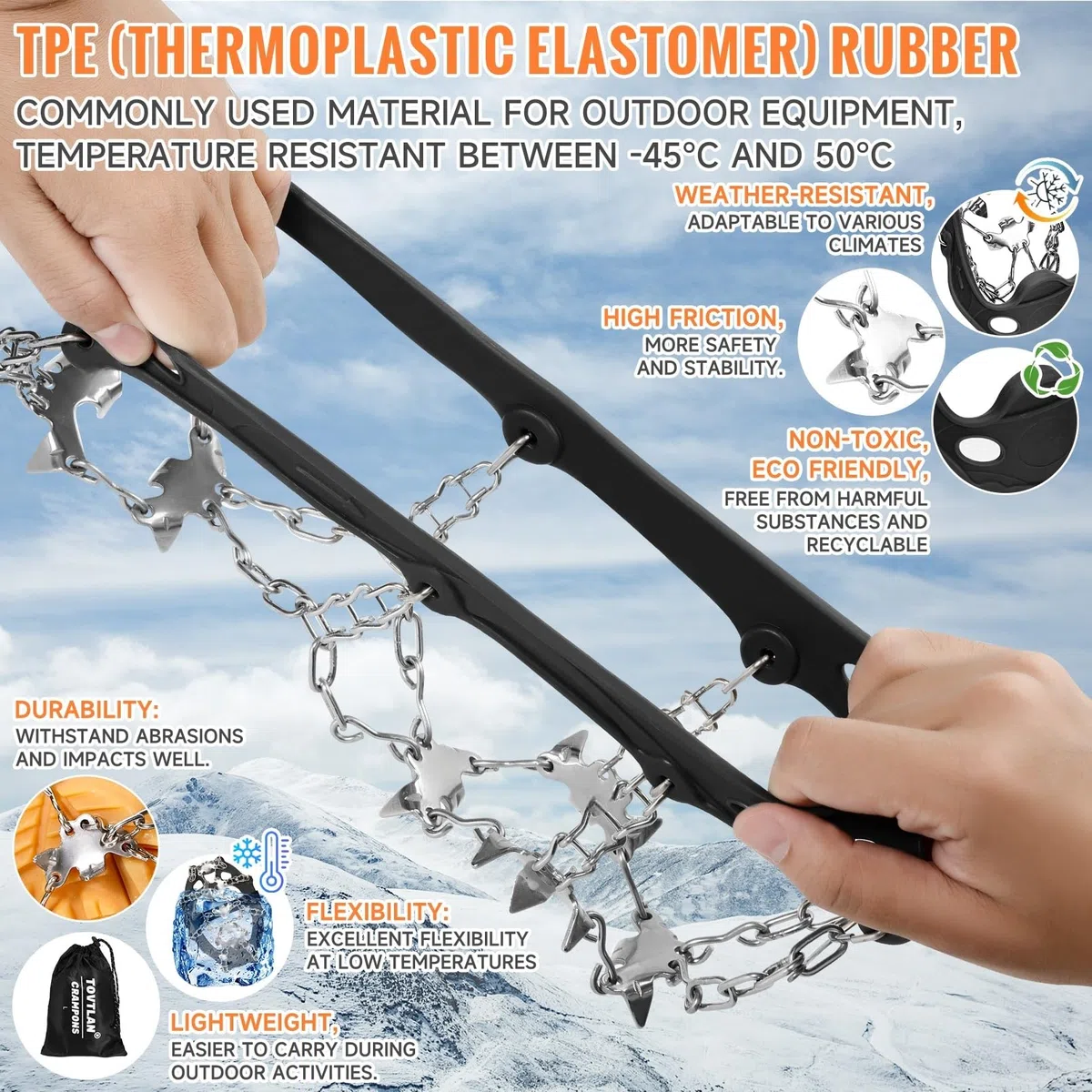 Crampones para Botas de Senderismo, 19 Dientes Crampones Acero Inoxidable Antideslizante Zapatos, Portátiles Crampones para Caminar, Senderismo, Escalada, Pesca y Montañismo