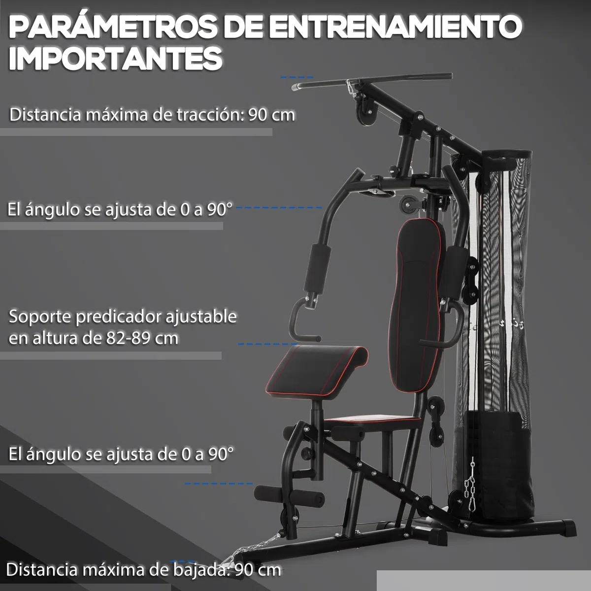 HOMCOM Multiestación Musculación Máquina de Musculación con Placas de Peso de 45 kg Polea y Prensa de Piernas y Pecho Carga 150 kg para Gimnasio Entrenamiento en Hagar Negro
