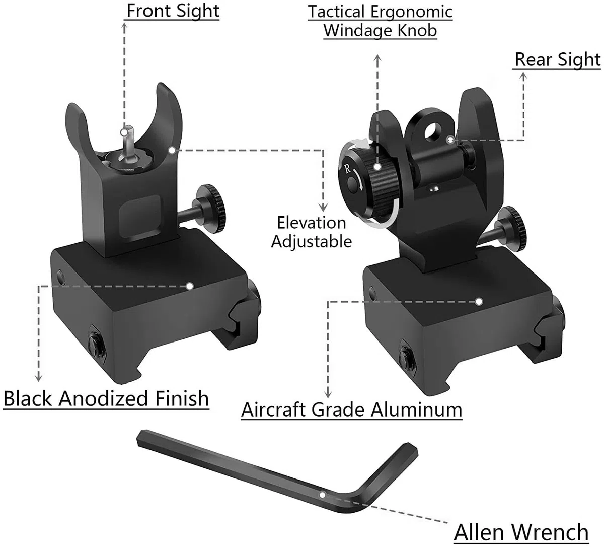 HWZ 2018 Arrival Tactical Flip Up Iron Sights Front and Rear Sight BUIS Set Picatinny Mount Base for Rifle