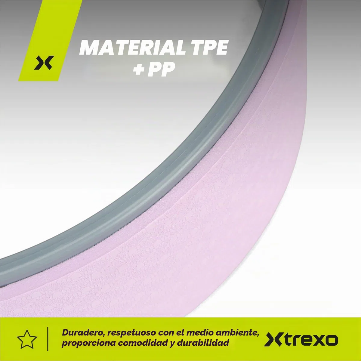 TREXO Rueda de yoga respetuosa con el medio ambiente en color lila con un diámetro de 32 cm y una anchura de 13 cm. Fabricada en TPE y polipropileno. Superficie antideslizante ideal para cualquier