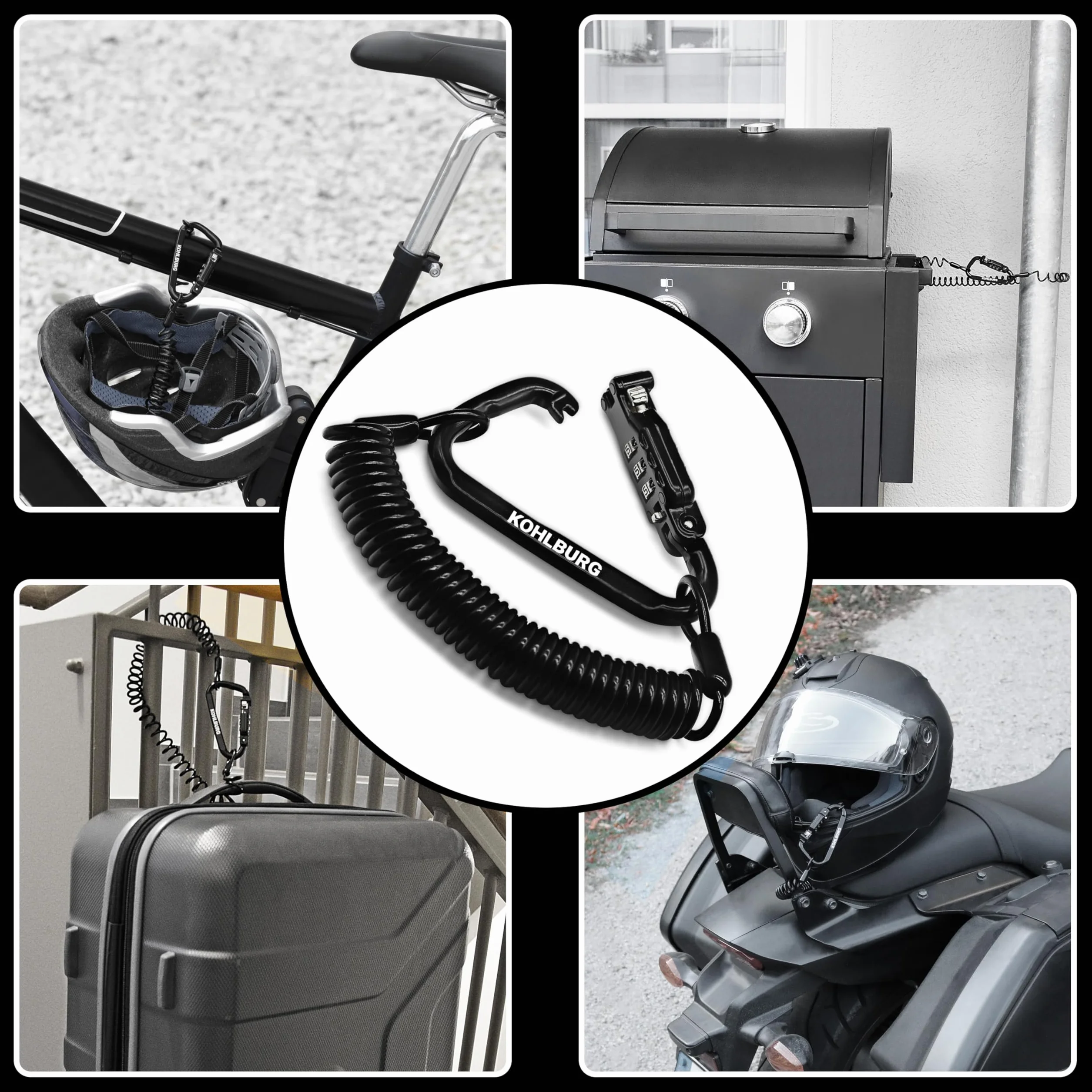 KOHLBURG candado bicicleta combinacion [180 cm extra larga y ligero] - candado cable de 3 mm de grosor - para carrito de bebés, casco moto, candado esquis y snowboard, bici, cadena bicicleta
