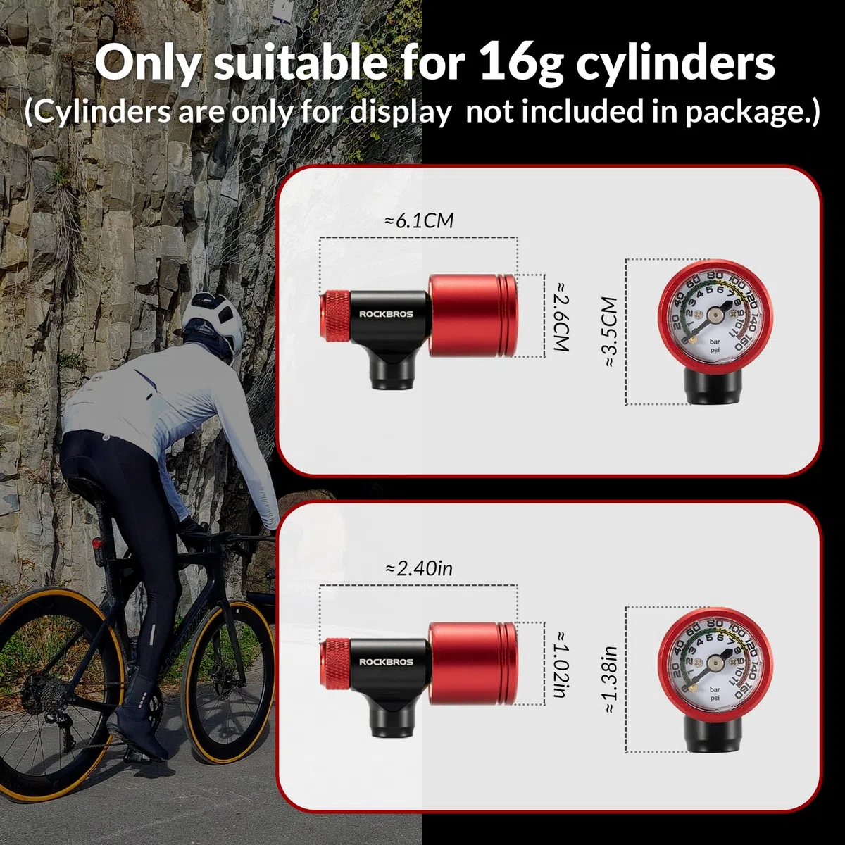 ROCKBROS Inflador de CO2 con Funda Aislada con Manómetro Compatible con Válvula Presta y Schrader Bomba Bicicleta para Neumáticos