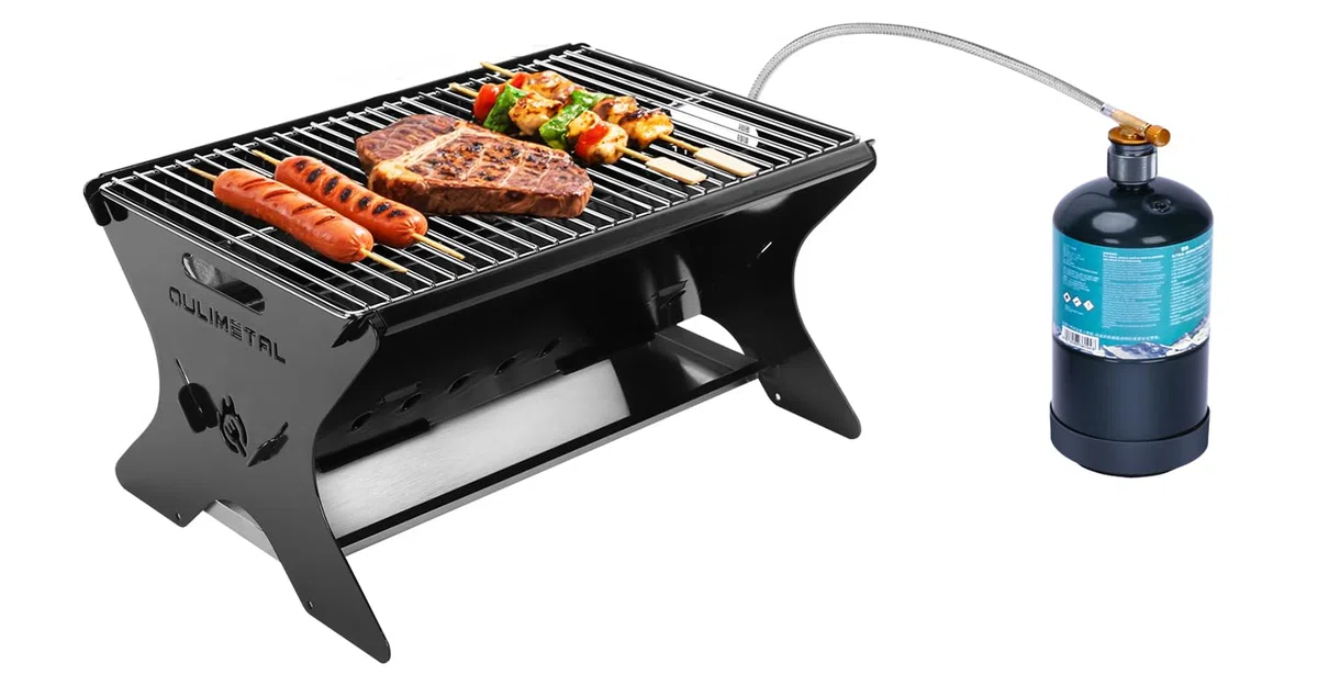 QuliMetal Parrilla portátil de camping – Parrilla plegable de carbón/gas con bolsa de transporte | Barbacoa de mochilero resistente y parrilla para fogata para cocinar al aire libre, camping, portón