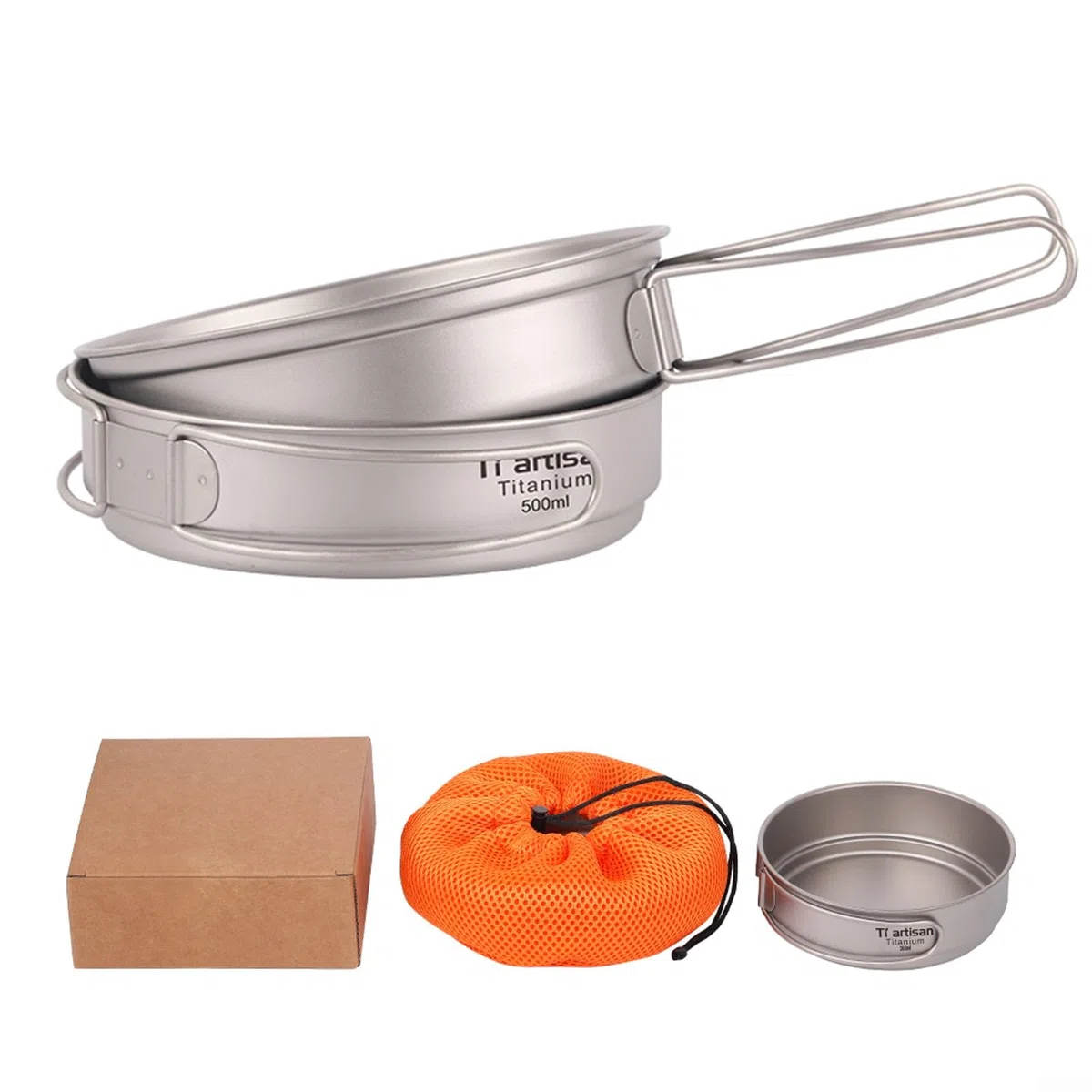 Sartén de titanio para camping, sartén de titanio con asas plegables para senderismo, mochileros (500 ml 2)