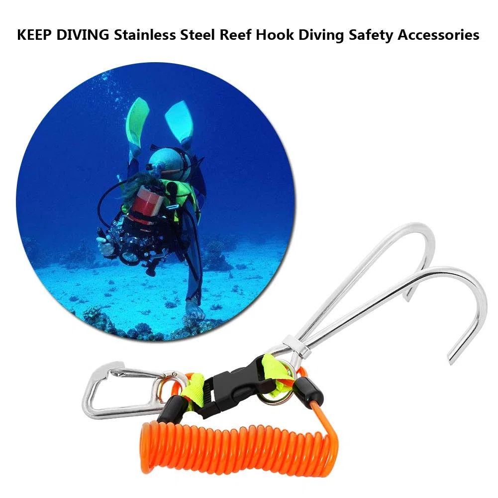 Alomejor Gancho de Arrecife para Buceo, Gancho Doble de Arrecife de Acero Inoxidable con Cordón de Bobina en Espiral, Accesorios de Seguridad para Buceo