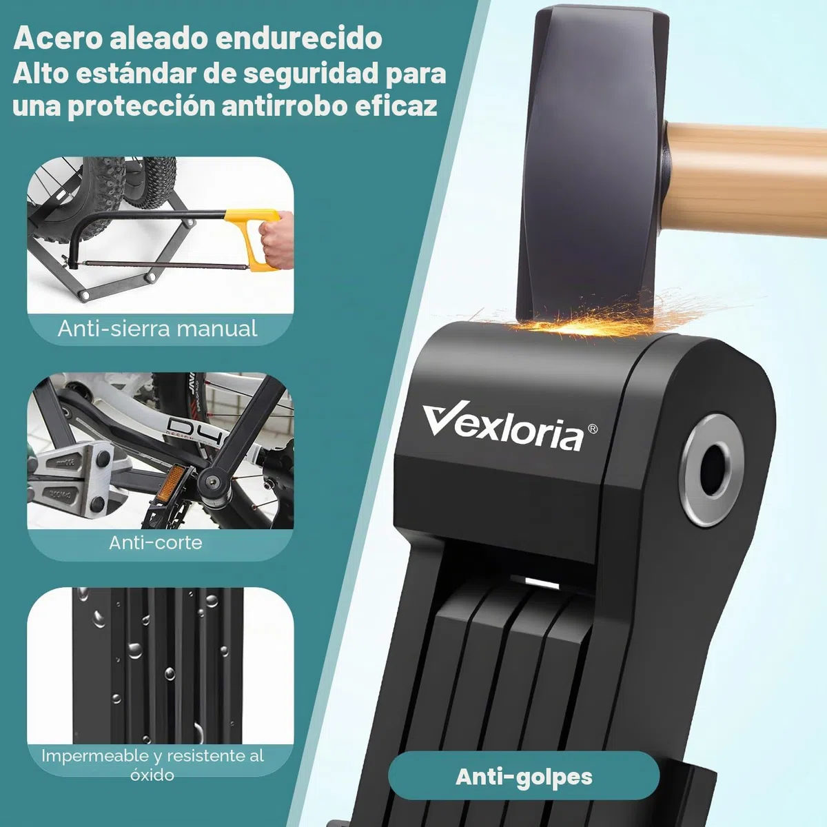 Vexloria Candado Plegable para Bicicleta | Alta Seguridad Antirrobo | Acero Endurecido | Longitud 86 cm | Con Soporte | Para Bicicleta, E-Bike y Moto