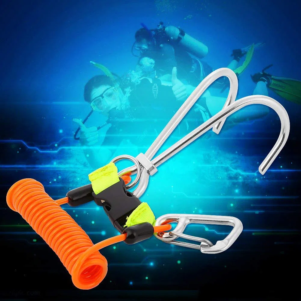 Alomejor Gancho de Arrecife para Buceo, Gancho Doble de Arrecife de Acero Inoxidable con Cordón de Bobina en Espiral, Accesorios de Seguridad para Buceo