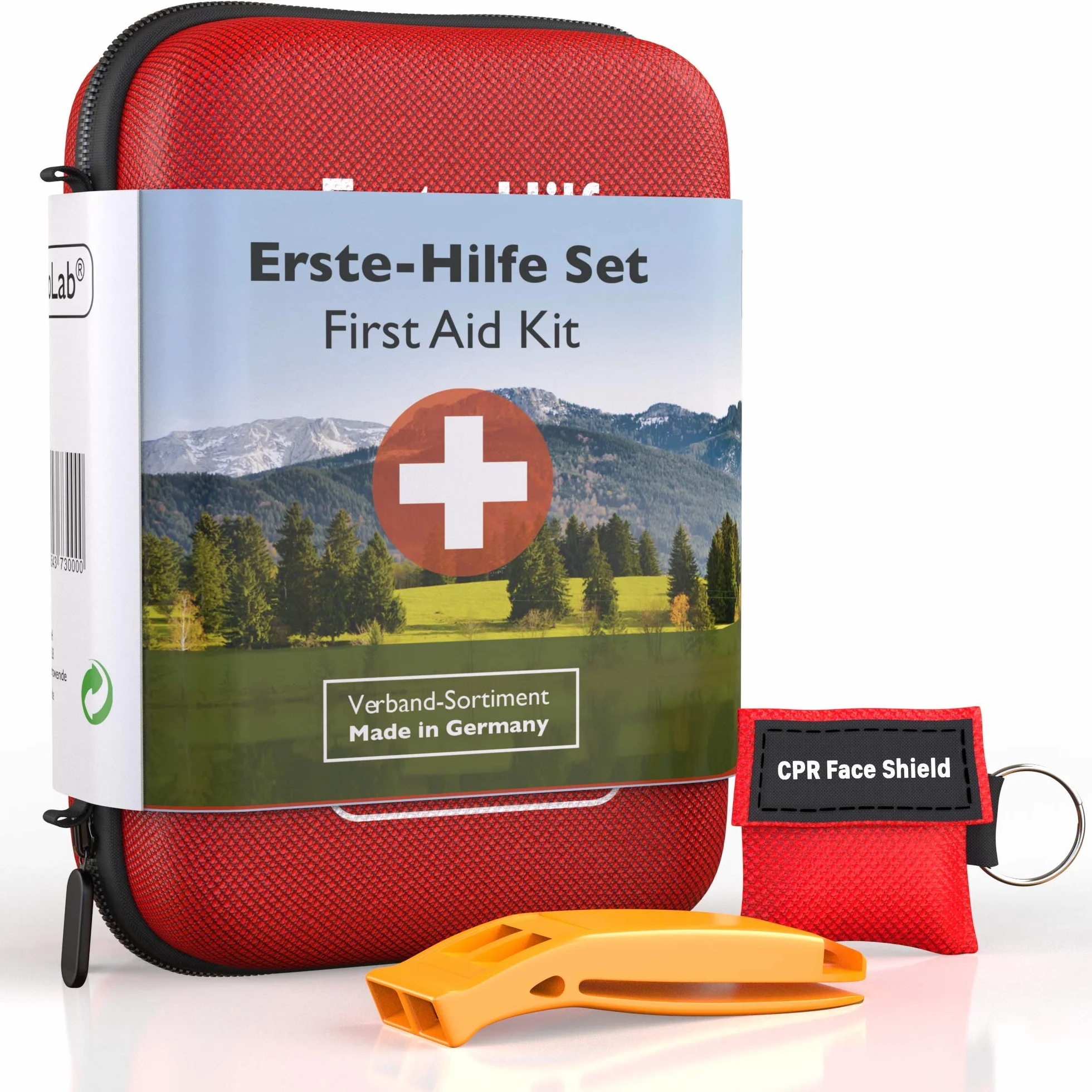 GoLab Botiquín de primeros auxilios para exteriores - Kit de supervivencia. Botiquín deportivo y de viaje + silbato de señalización - de Alemania según DIN 13167