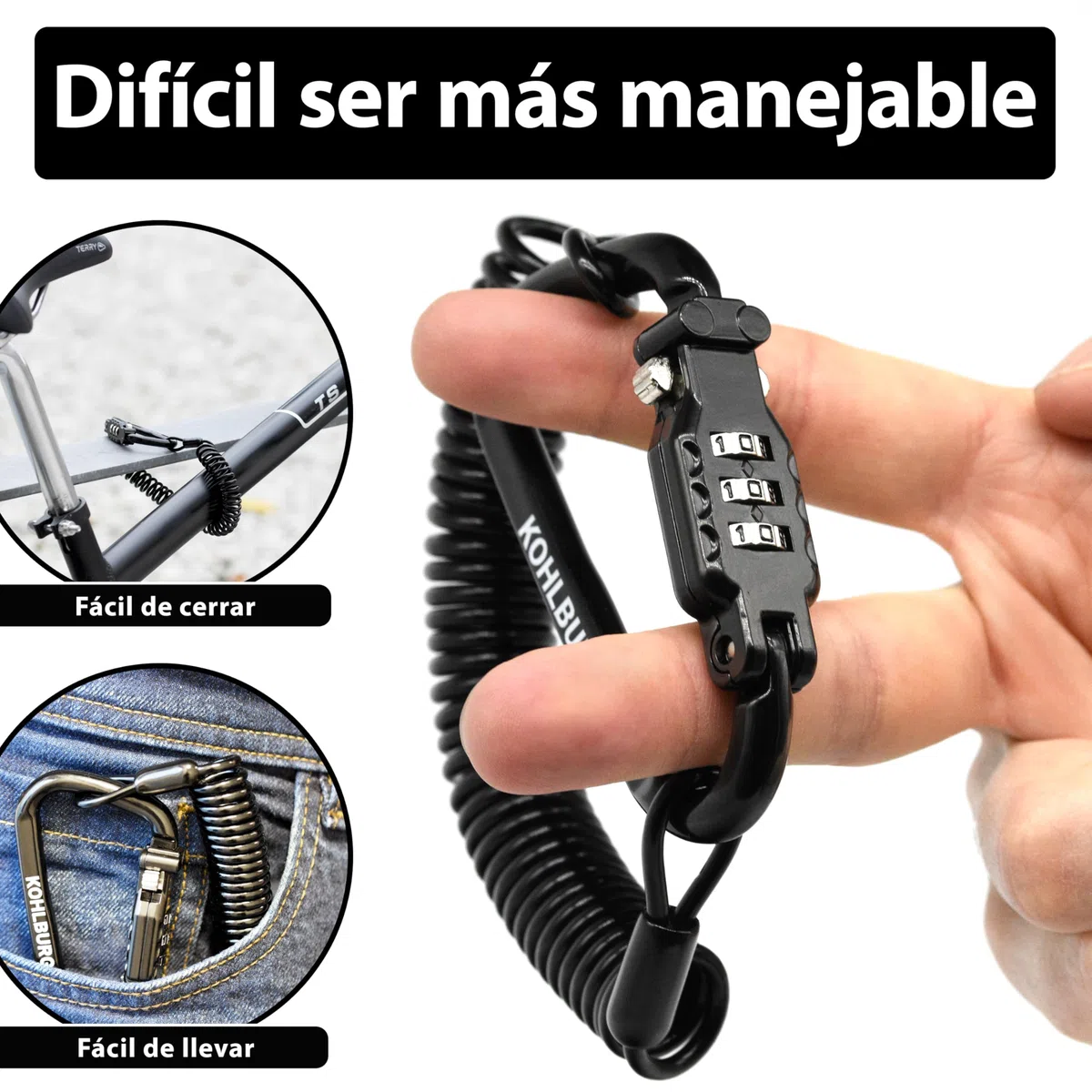 KOHLBURG candado bicicleta combinacion [180 cm extra larga y ligero] - candado cable de 3 mm de grosor - para carrito de bebés, casco moto, candado esquis y snowboard, bici, cadena bicicleta