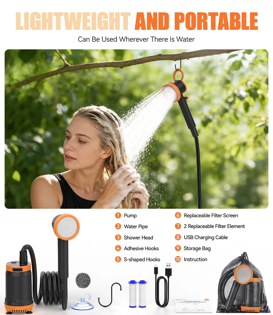 Ducha Portatil Camping con Pantalla de Temperatura y Potencia, 8000mAh Recargable para Exteriores, Modo de 5 Velocidad, Electrica Ducha Camper para Baño Playa Viajes Jardín Furgoneta