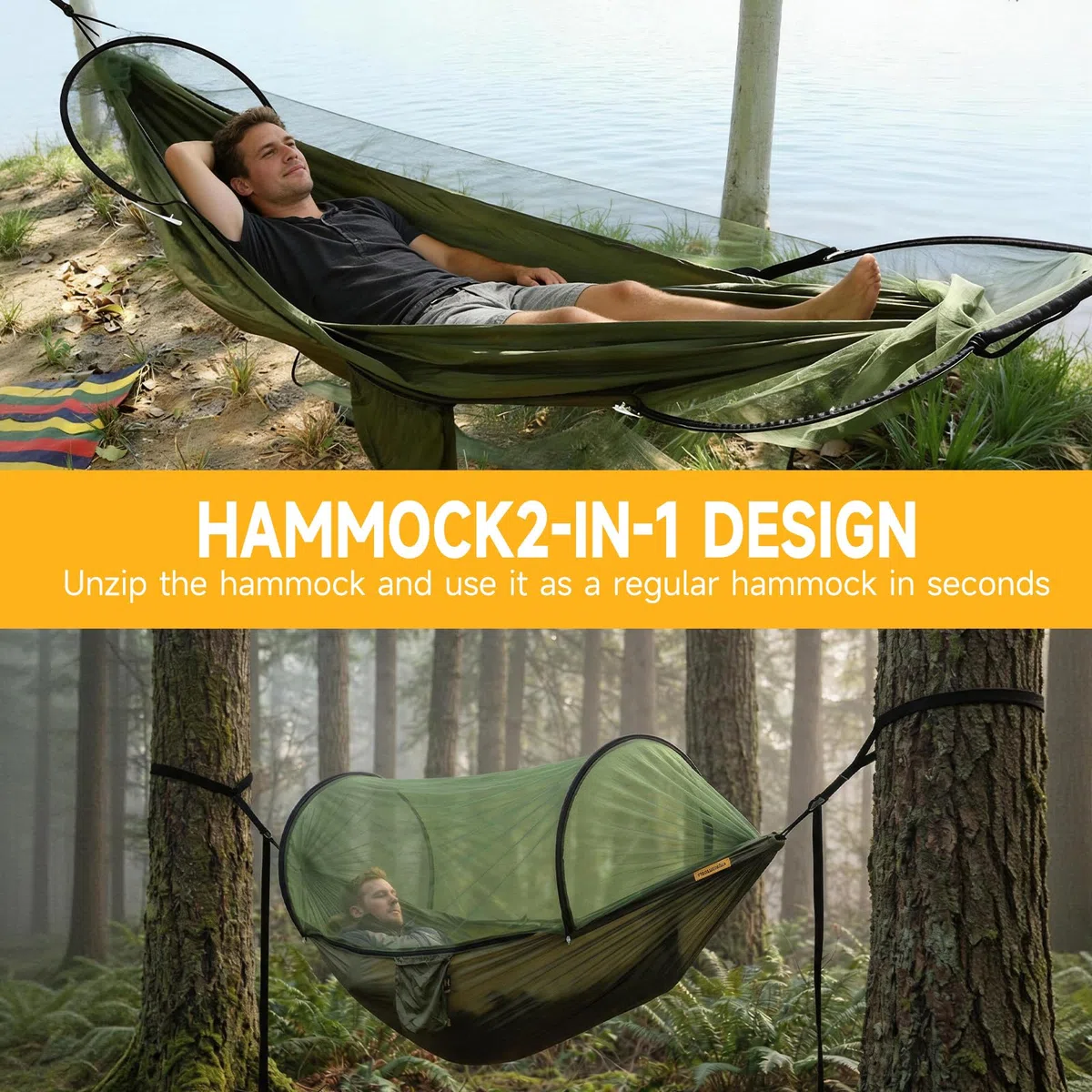 Hamaca de Camping con Mosquitero,300 kg, 260x140 cm, Hamaca con Mosquitera, Hamaca Colgante Ultraligera en Tela Paracaídas 2 Personas, Ideal para Camping,Jardín,Senderismo