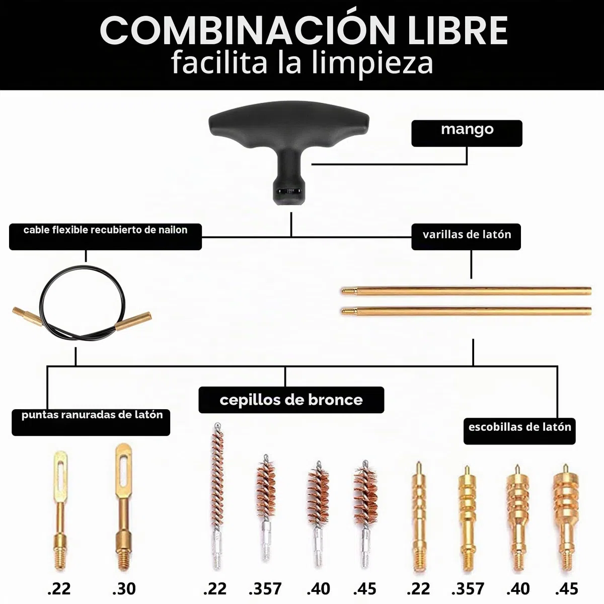 BOOSTEADY Kit de limpieza universal de pistola de calibre .22, .357, .38, 9 mm, kit de limpieza de pistola de calibre .45, cepillo de bronce y adaptador de jag de latón