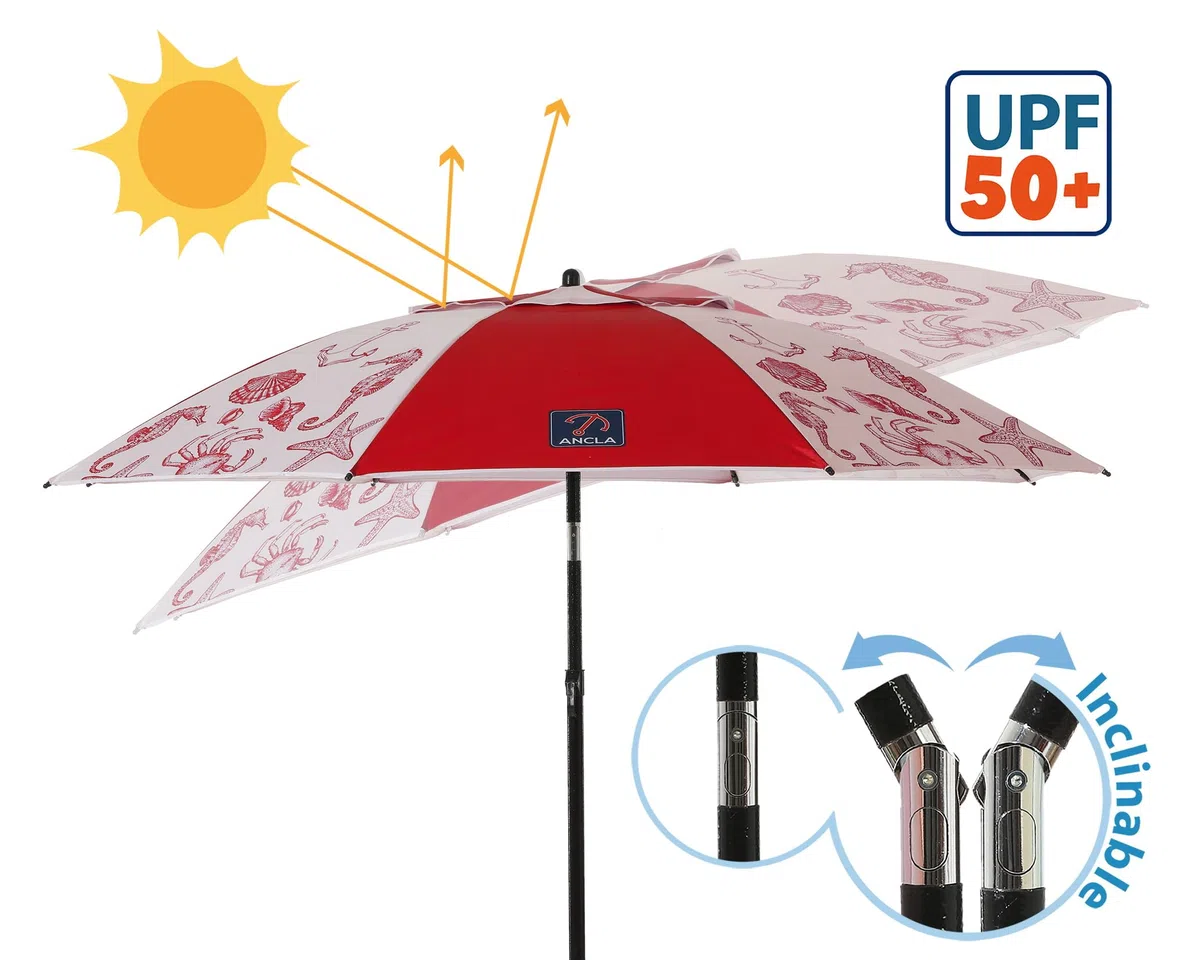 Atosa Sombrilla de Playa Ø desde 180 a 240 cm de Aluminio Modelo Fondo Marino con Bolsa de Transporte y con Protección Solar UPF 50+ en Colores Azul y Rojo
