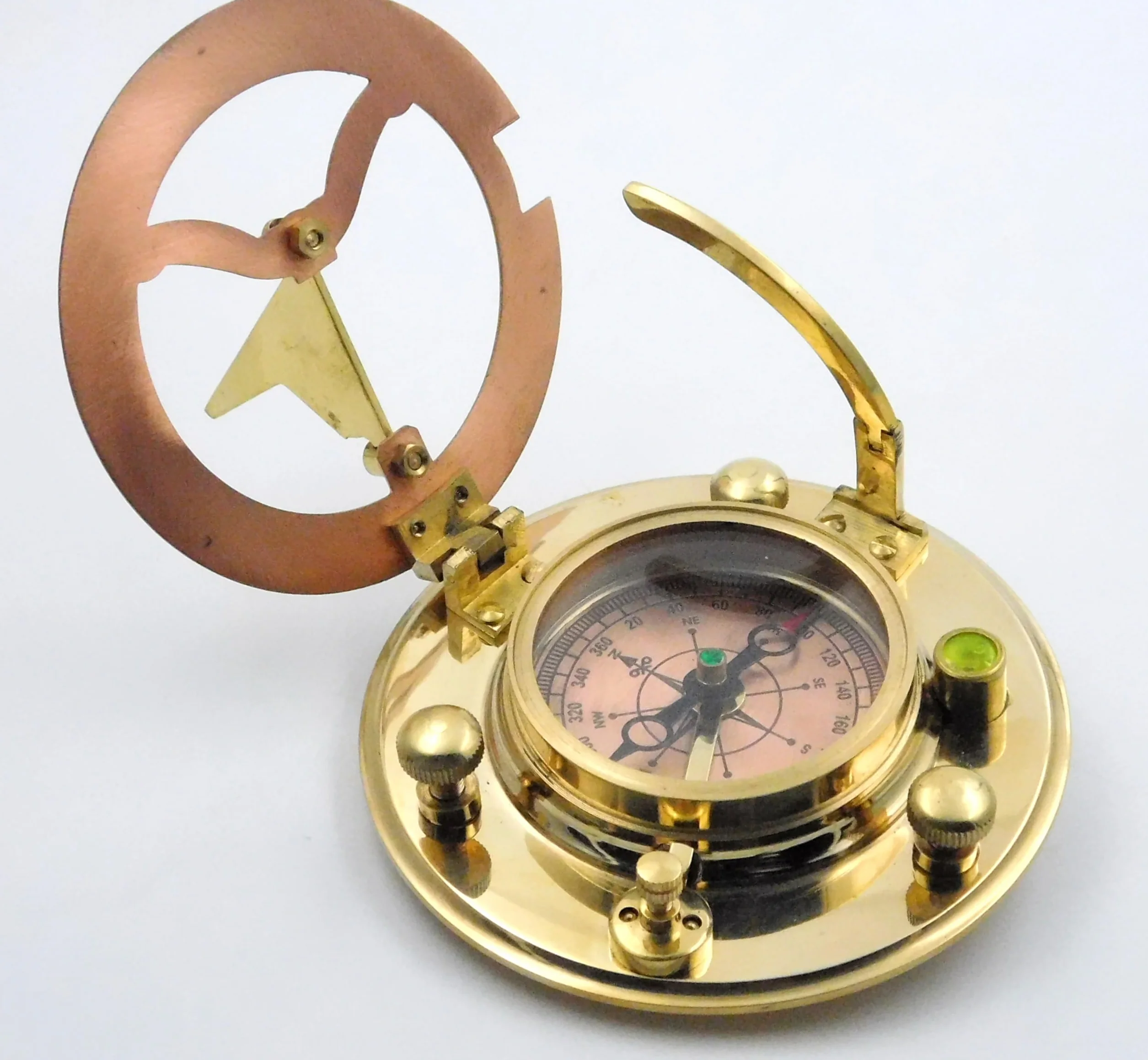 Brújula Sundial de latón antiguo con elegante estuche de cuero