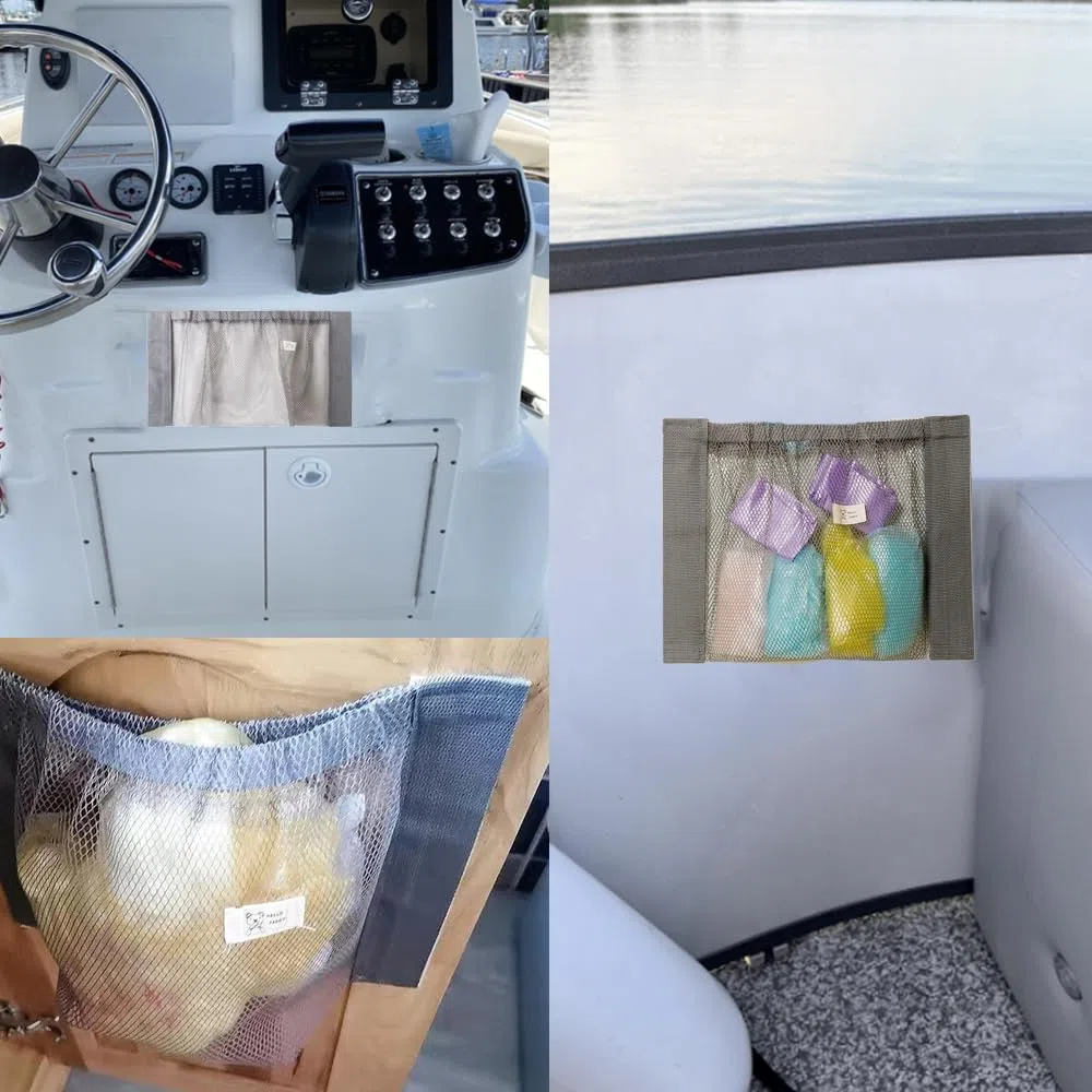 Bolsa de almacenamiento con respaldo adhesivo para barco, bolsa organizadora de malla marina para mantener las cosas seguras para escotillas, puertas de consola, Gunwales