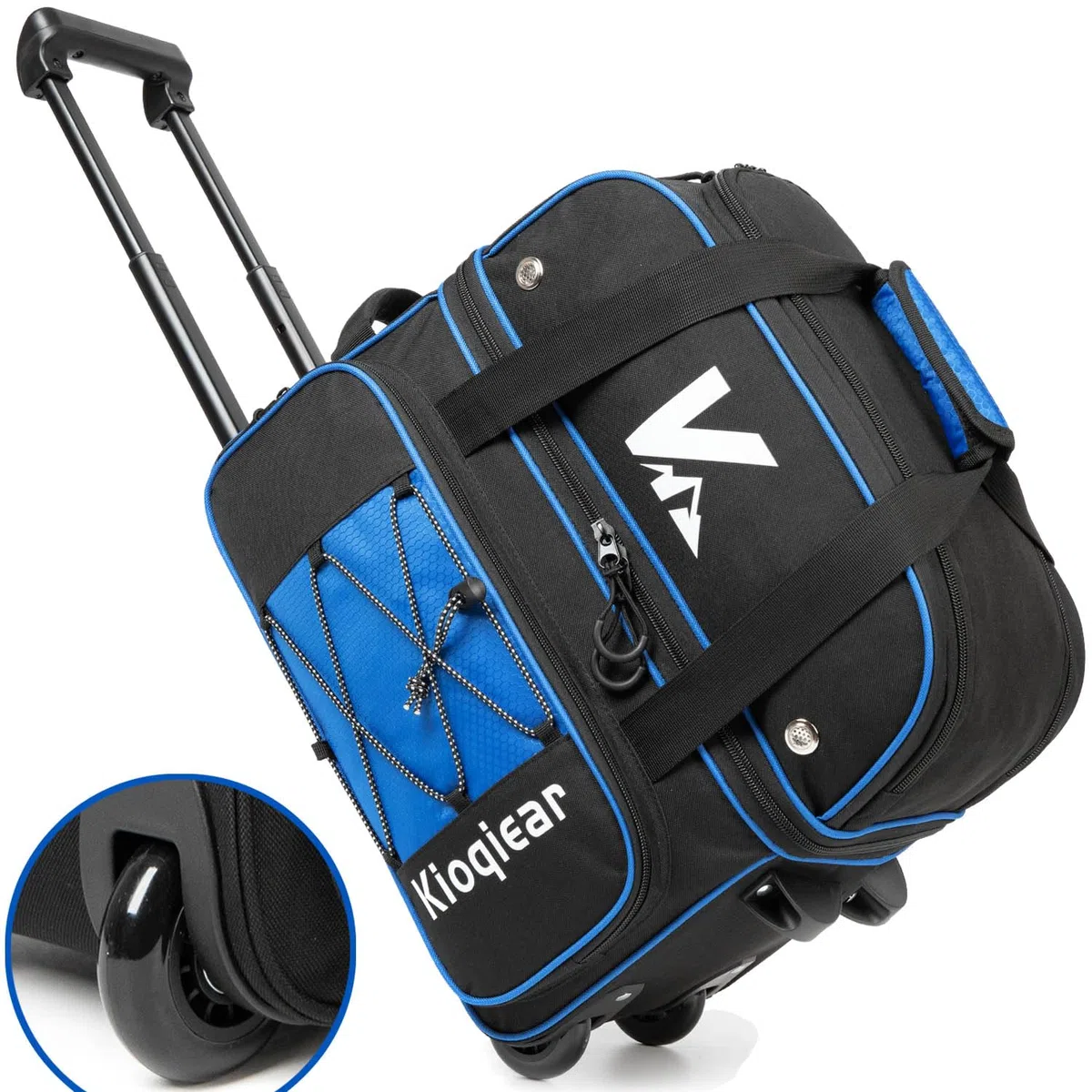 Bolsa de bolos de doble rodillo para 2 bolas con compartimento grande separado para zapatos y bolsillo de accesorios de gran tamaño, asa extensible de 36 pulgadas.