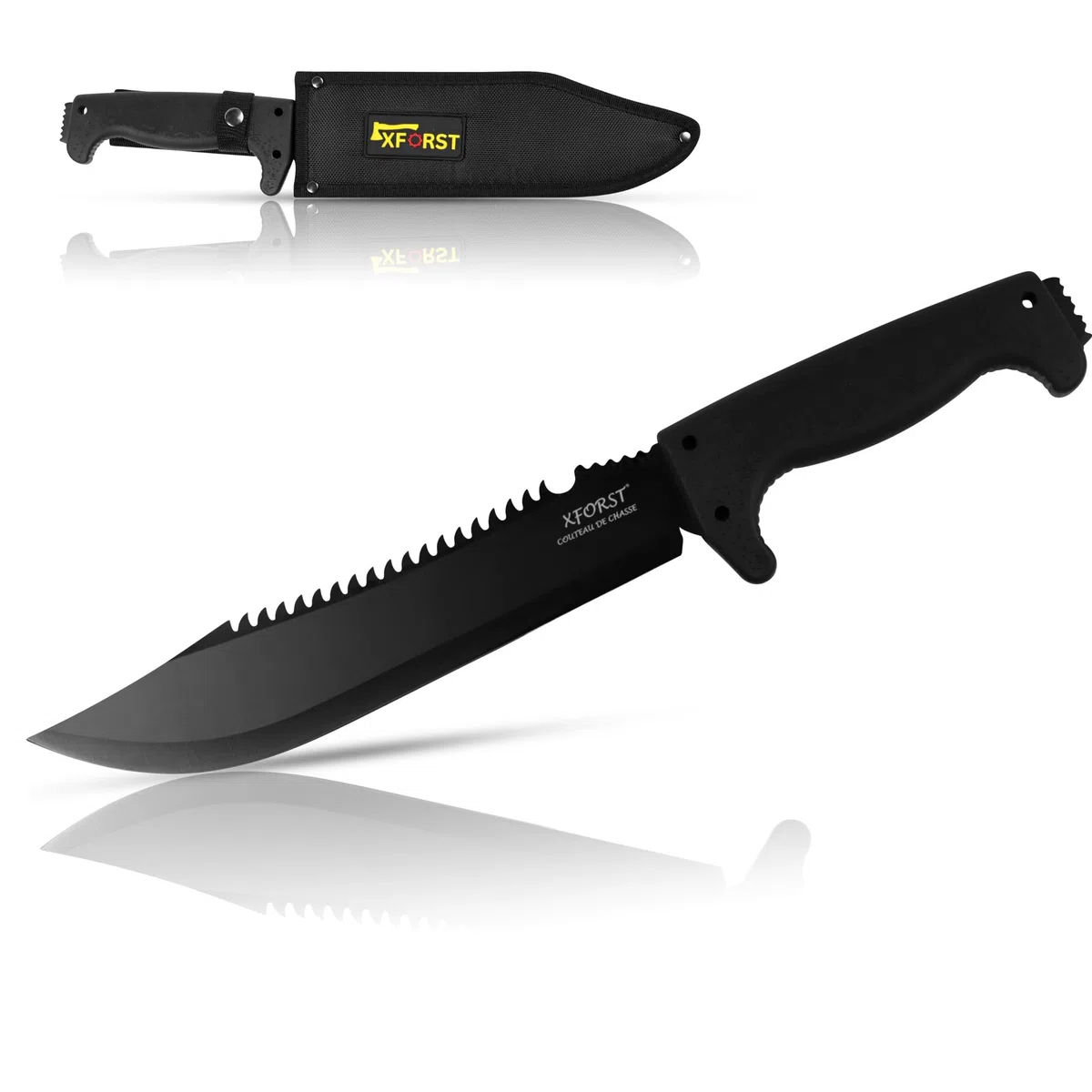 Xforst Cuchillo CRB - Gran Cuchillo de Caza y Supervivencia para Exteriores, Hoja con Sierra de 24,5 cm, Mango Ergonómico TPE, Funda Tela Oxford, 39,5 cm Longitud Total -