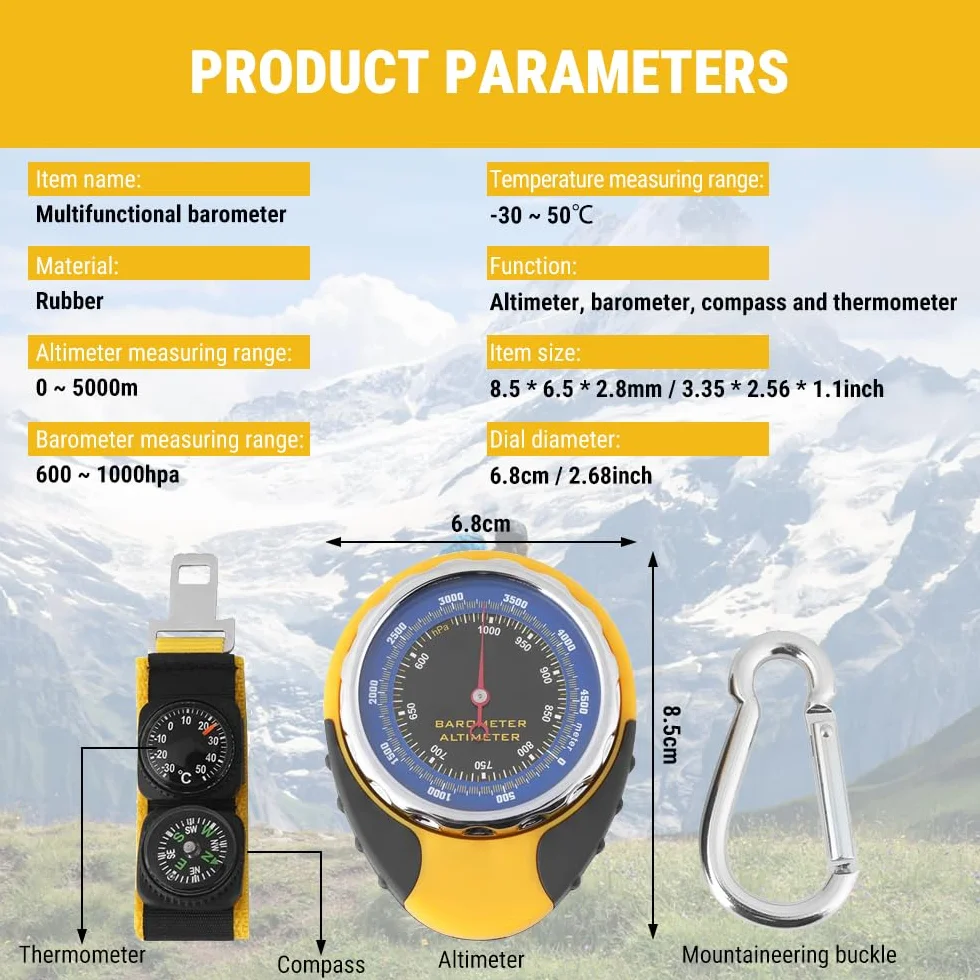 Altímetro Mecánico, Altímetros Barométrico Digital, Barómetro Altímetro Brújula Termómetro Probador 4 en 1, para Camping y Actividades al Aire Libre