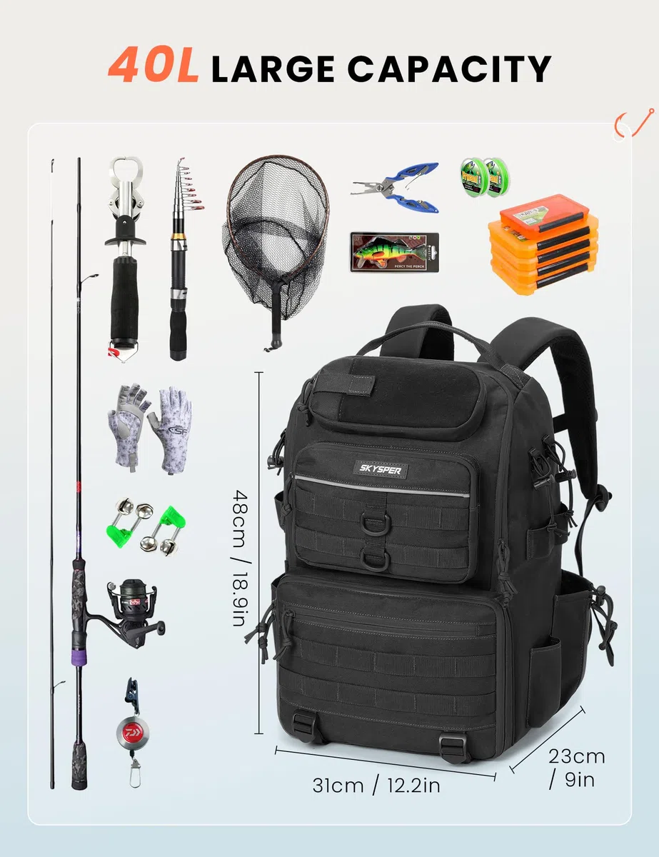 SKYSPER Mochila de Pesca con Soporte para Cañas de Pescar 40L Grande Bolsa Pesca Mochila para Pesca