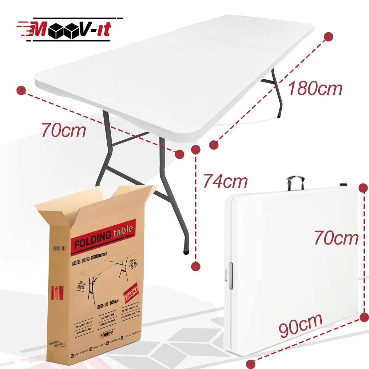 Mesa catering plegable y portátil auxiliar rectangular. 180 x 70 cm – Para 6 personas y 150Kg. Para comedor, salón, camping, escritorio, cocina, jardín, camilla… Exterior e interior. Resina y acero