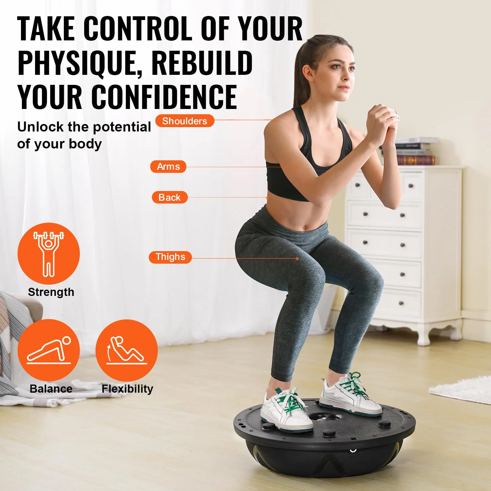 VEVOR Entrenador de Pelota de Ejercicio Medio, Entrenador de Pelota de Equilibrio de 580 x 200 mm de Capacidad de 300 kg con Bandas de Resistencia y Bomba, para Gimnasio en Casa de Cuerpo, Negro