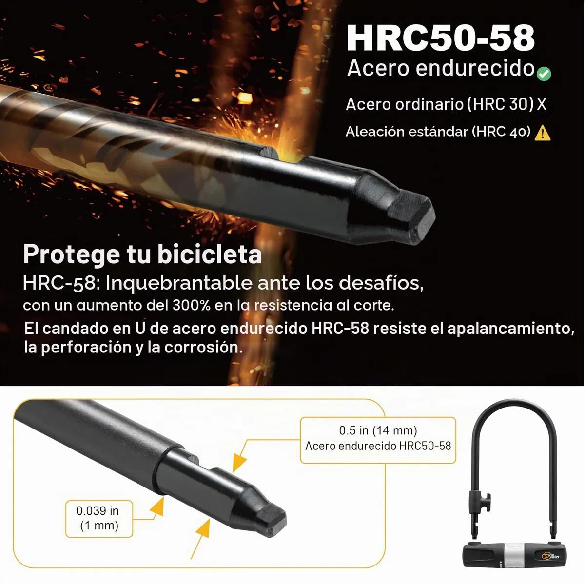 Candado U Lock para Bicicleta con con Cable - Robusto Candado U Lock Via Velo, Cerradura de Bloqueo de 14mm y 10mm x1.8m Cable con Soporte de Montaje para Bicicleta
